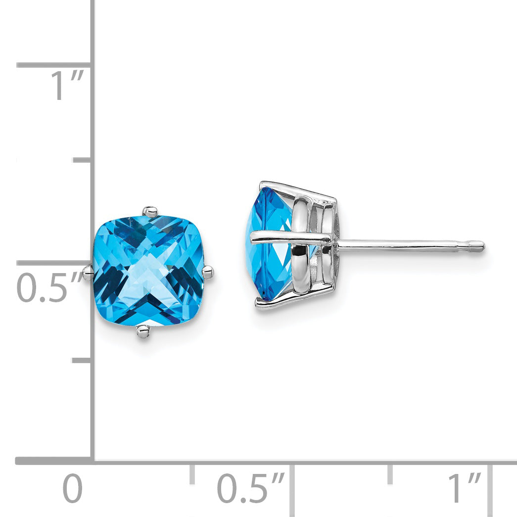 14k White Gold 7x7mm Cushion Blue Topaz Checker Earring