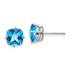 14k White Gold 7x7mm Cushion Blue Topaz Checker Earring