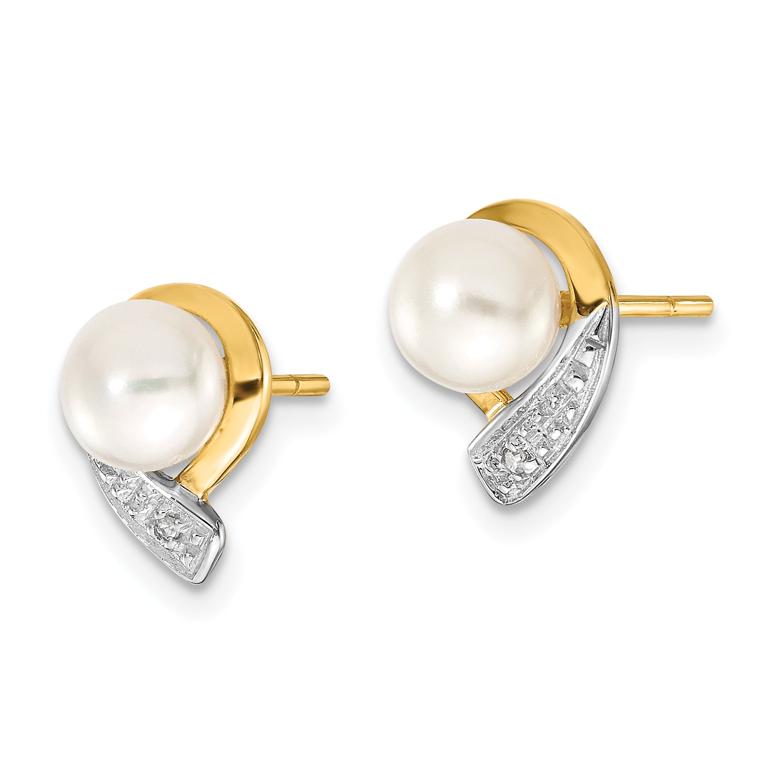14k 5-6mm White Button FWC Pearl .01ct Diamond Post Earrings Secondary image