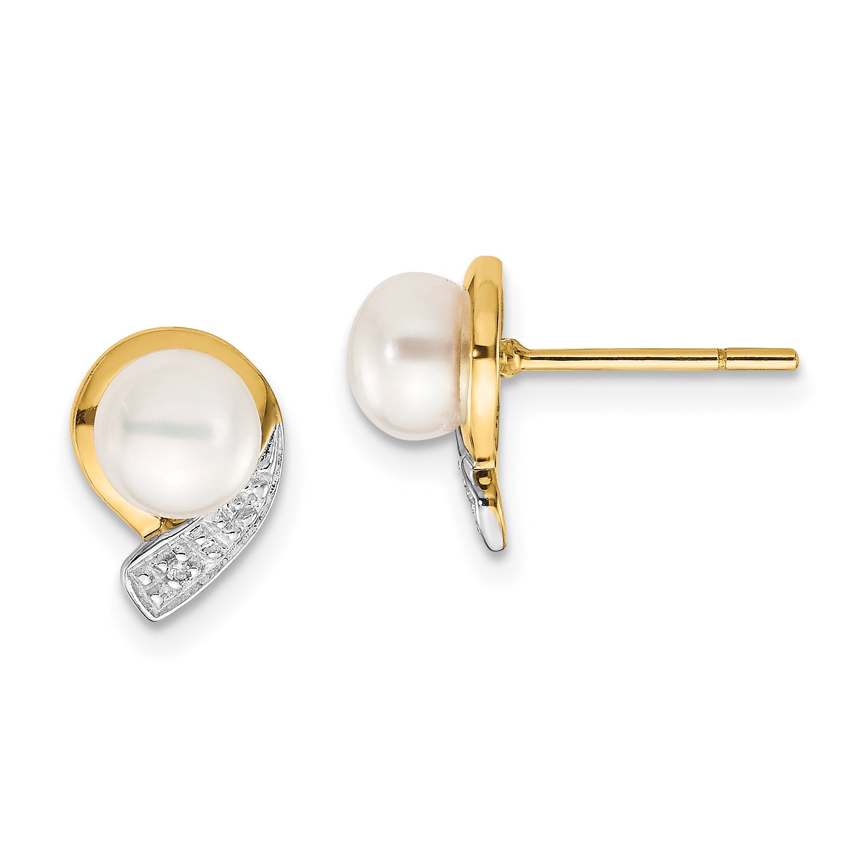 14k 5-6mm White Button FWC Pearl .01ct Diamond Post Earrings Main image