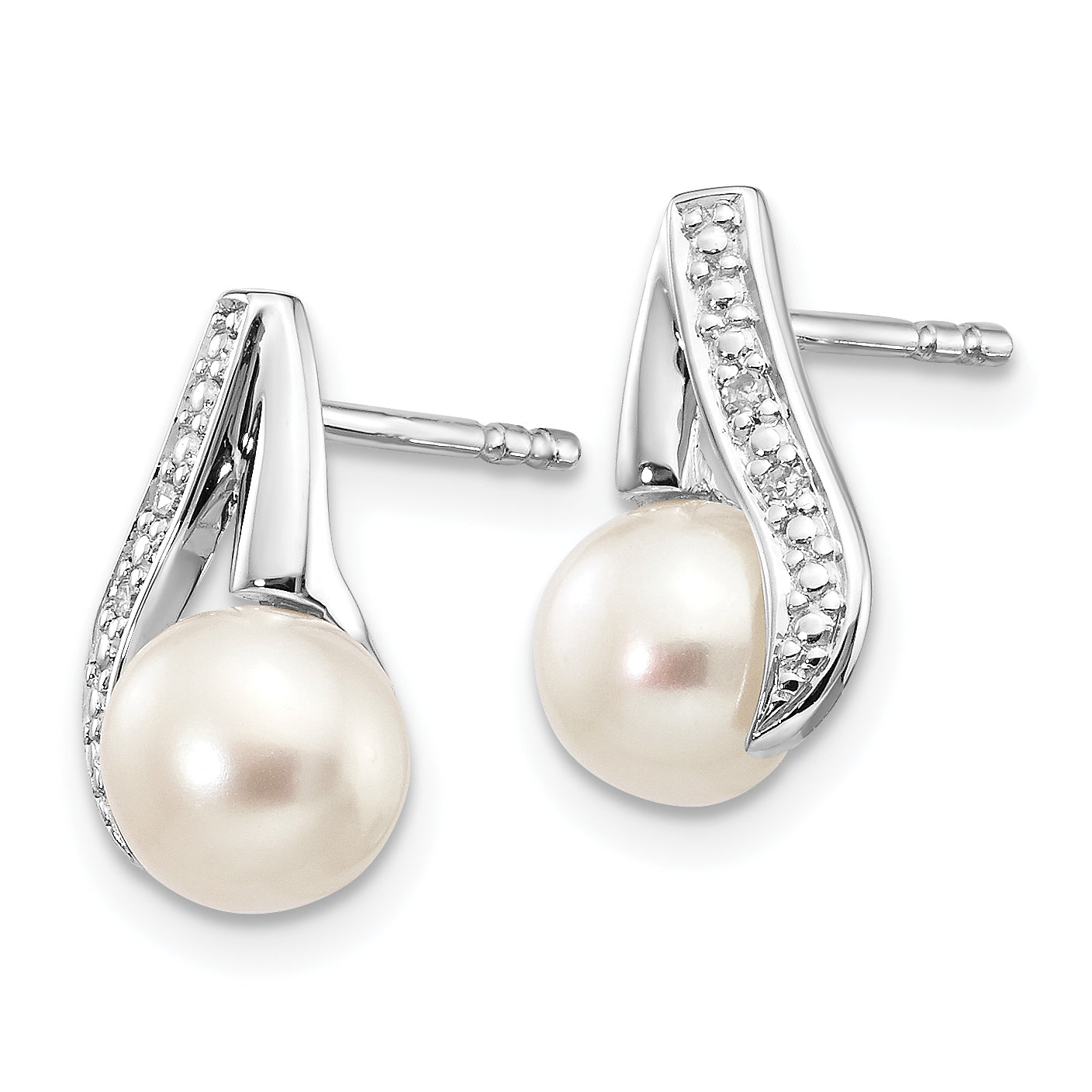 14k White Gold 6-7mm Button FWC Pearl .02ct Diamond Post Earrings Secondary image