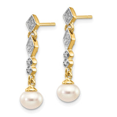 14K With Rhodium 5-6mm Semi-round FWC Pearl .04ct Diamond Earrings