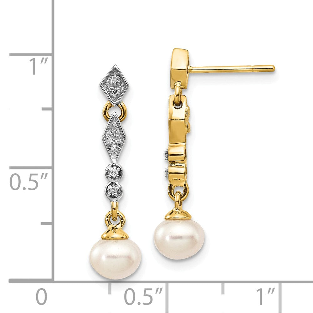 14k & Rhodium 5-6mm Semi-round FWC Pearl .04ct Diamond Dangle Earrings