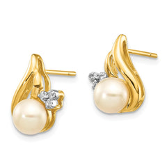 14K and Rhodium 5-6mm Button FWC Pearl .02ct Diamond Post Earrings