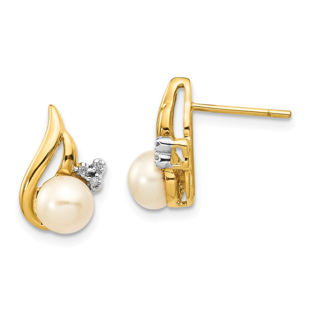 14K and Rhodium 5-6mm Button FWC Pearl .02ct Diamond Post Earrings