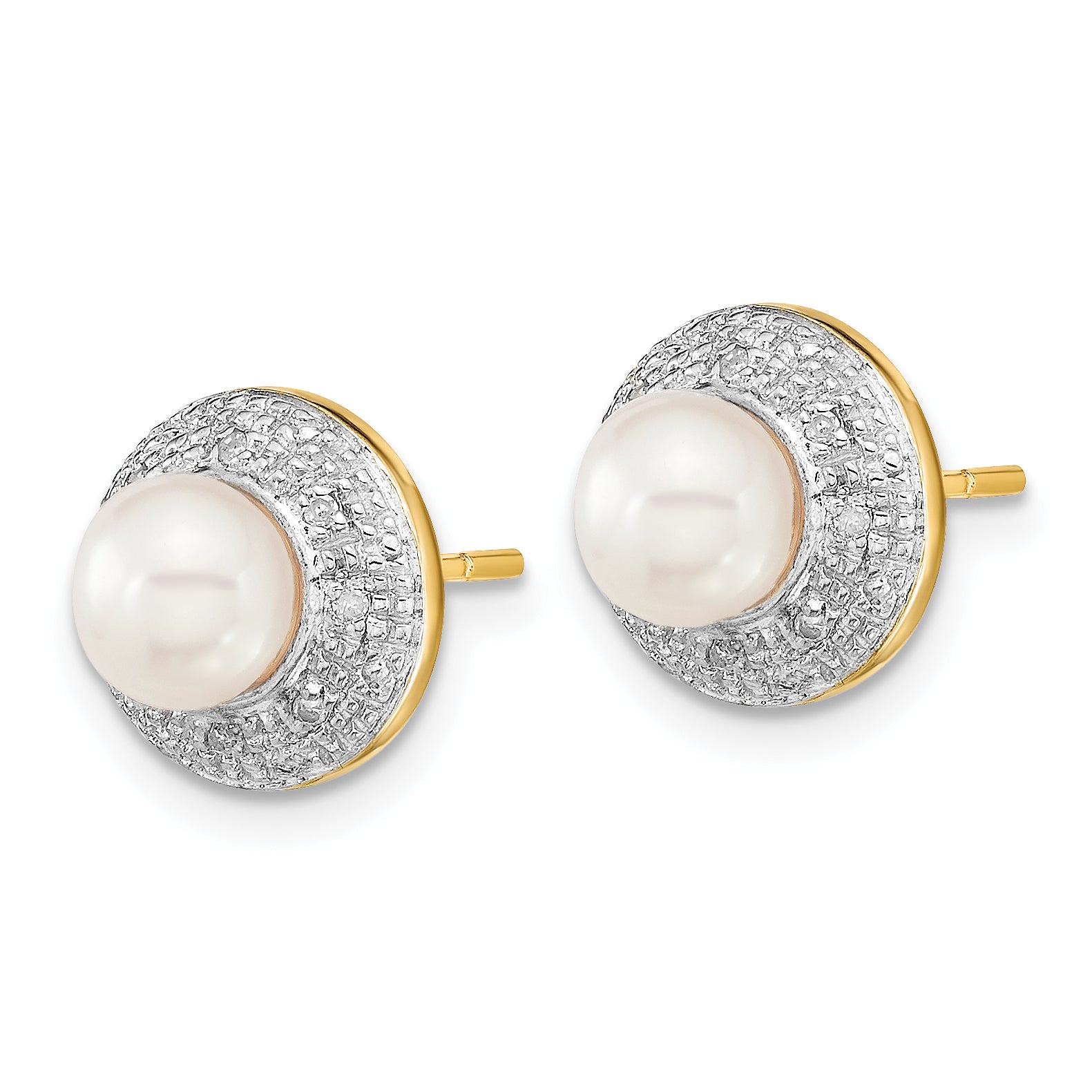14k and Rhodium 5-6mm Button FWC Pearl .05ct Diamond Post Earrings Secondary image