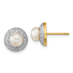 14k and Rhodium 5-6mm Button FWC Pearl .05ct Diamond Post Earrings