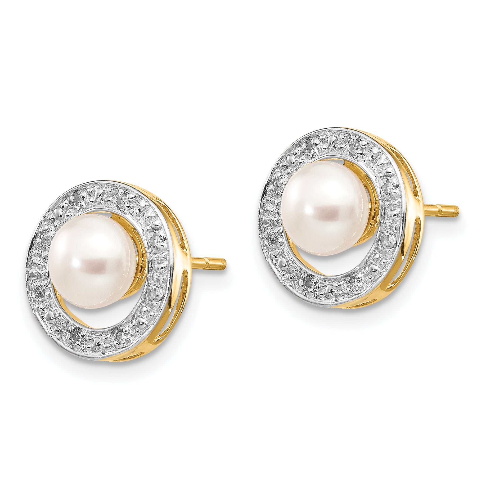 14k and Rhodium 5-6mm Button FWC Pearl .05ct Diamond Post Earrings Secondary image