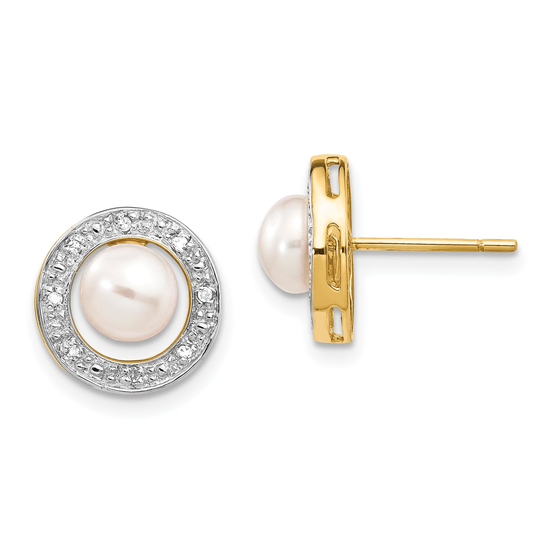 14k and Rhodium 5-6mm Button FWC Pearl .05ct Diamond Post Earrings