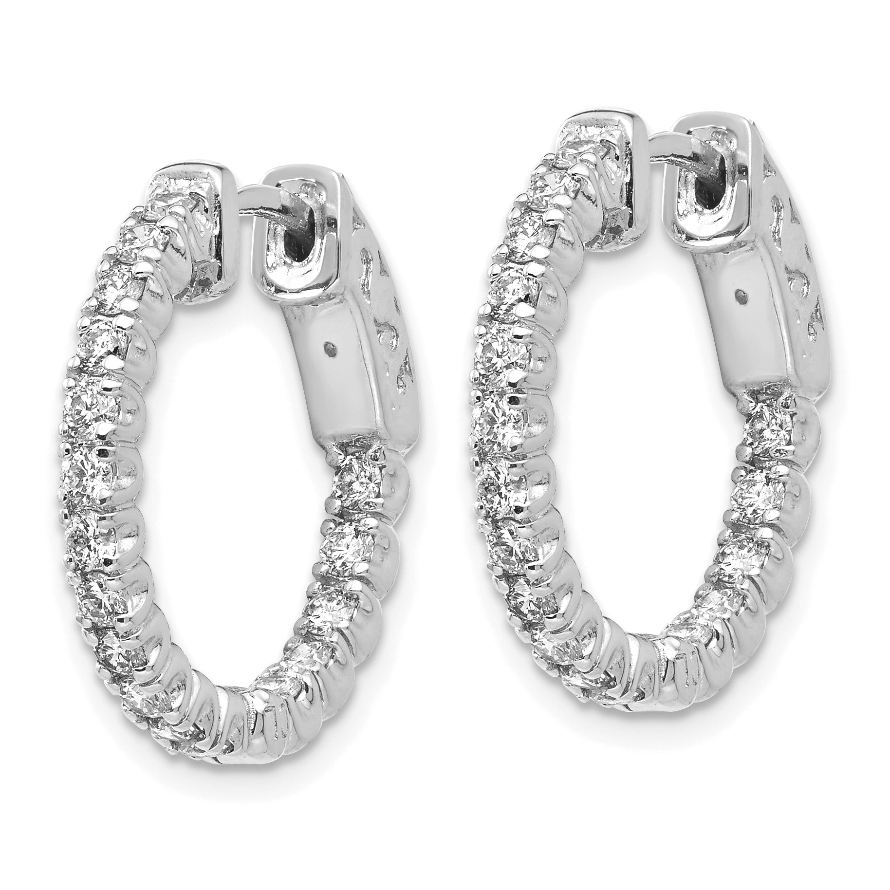 14k White Gold Diamond Round Hoop w/Safety Clasp Earrings