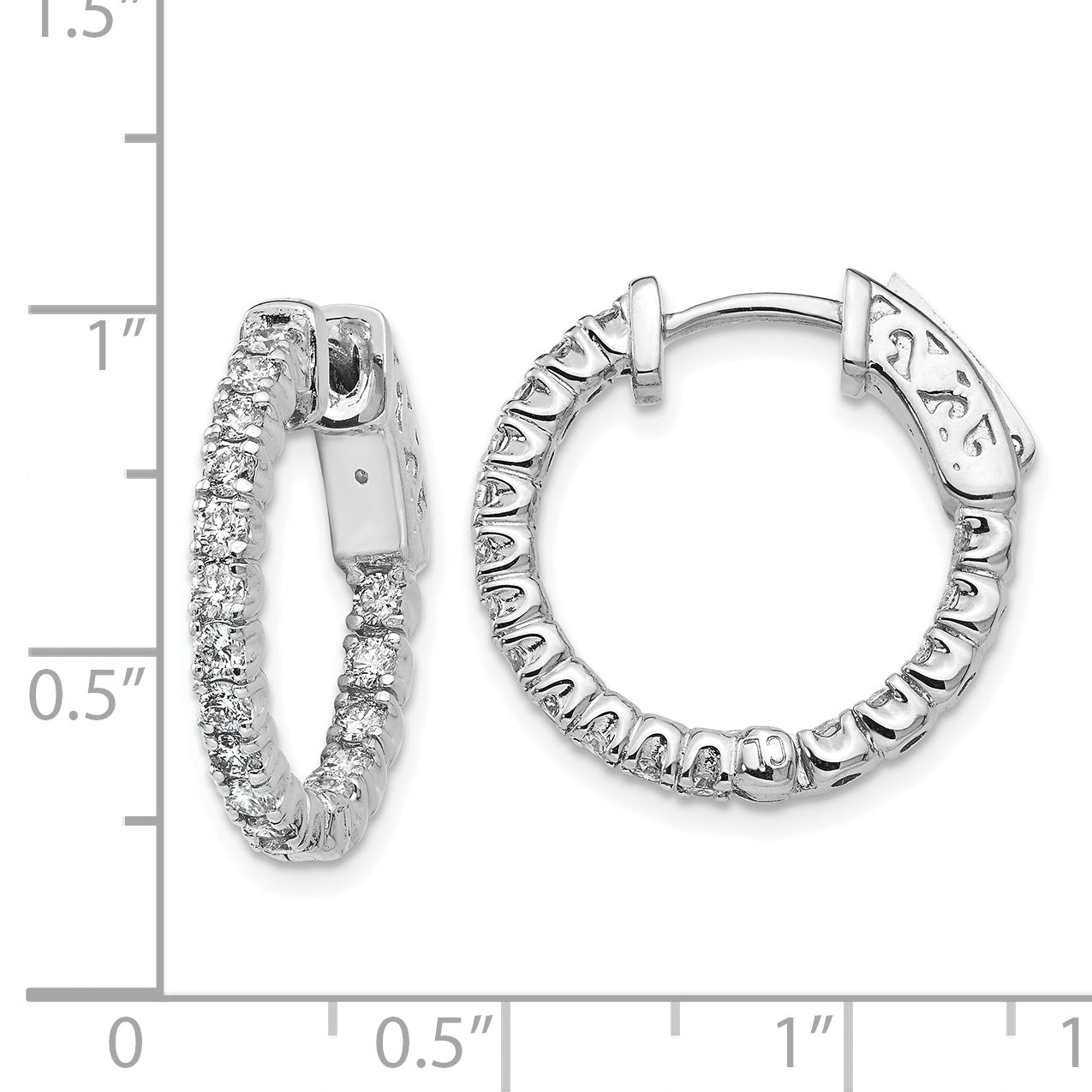 14k White Gold Diamond Round Hoop w/Safety Clasp Earrings