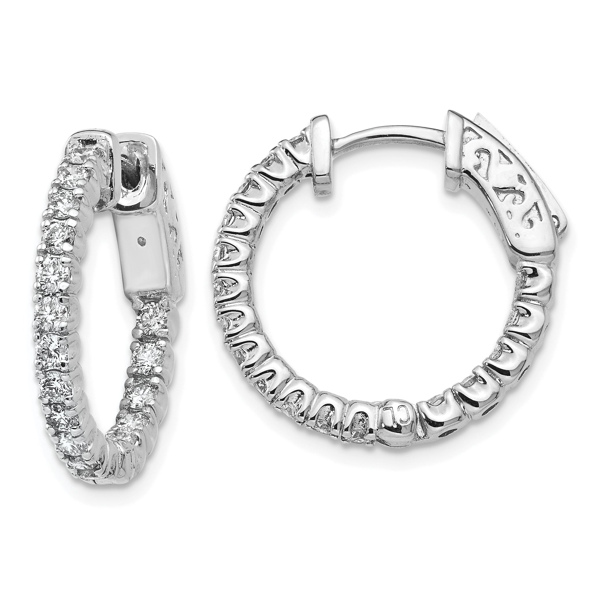 14k White Gold Diamond Round Hoop w/Safety Clasp Earrings