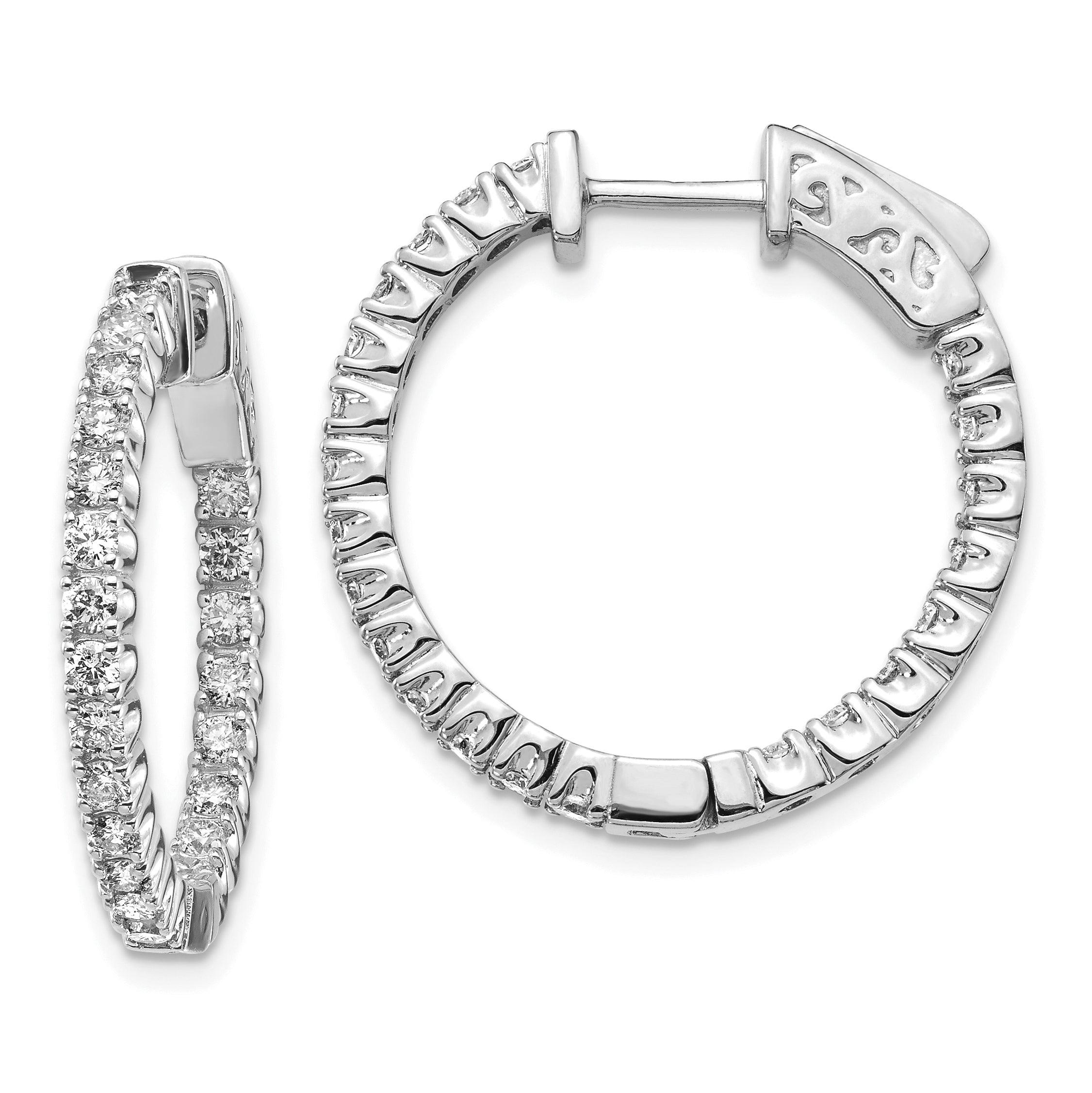 14k White Gold Diamond Round Hoop w/Safety Clasp Earrings Main image