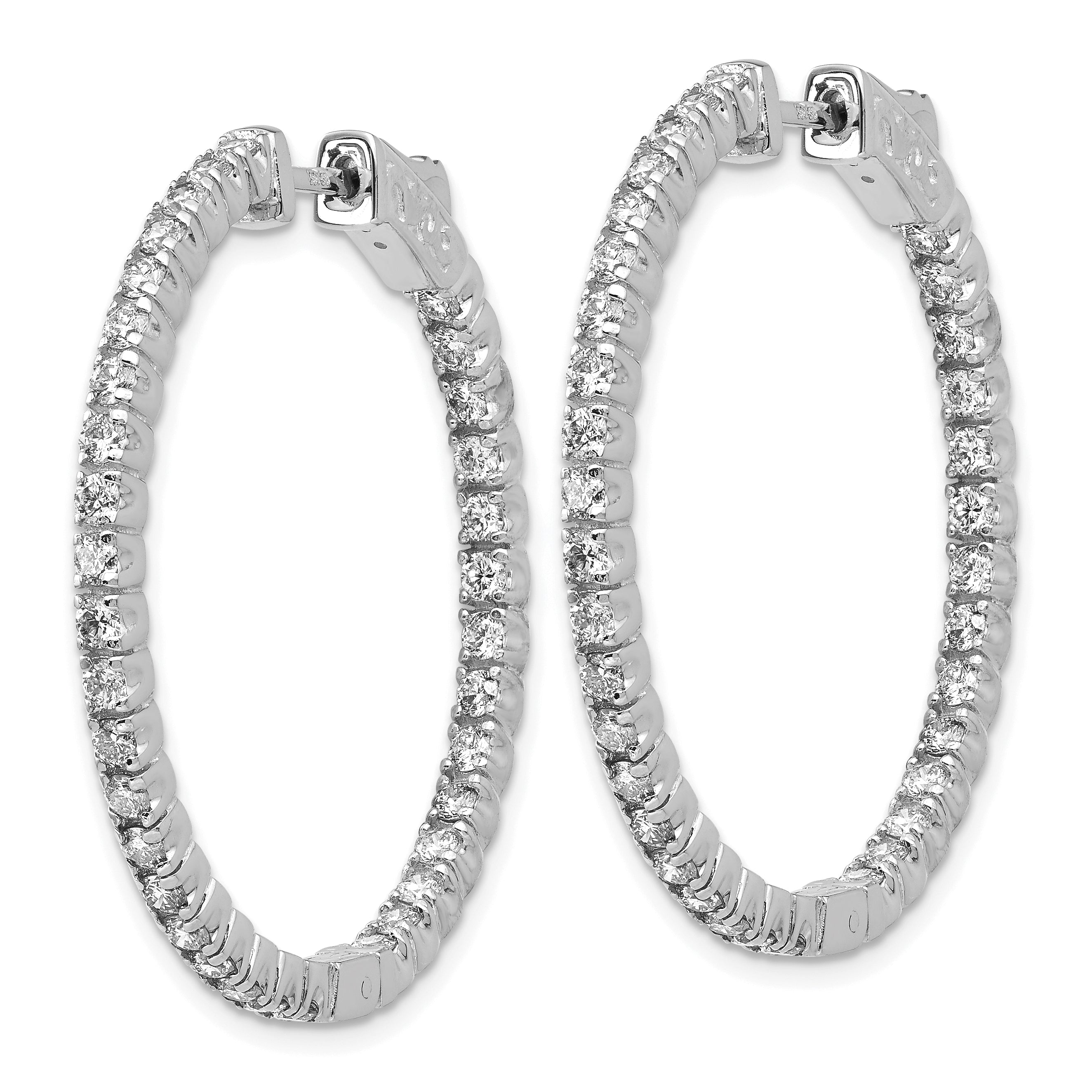14k White Gold Diamond Round Hoop w/Safety Clasp Earrings