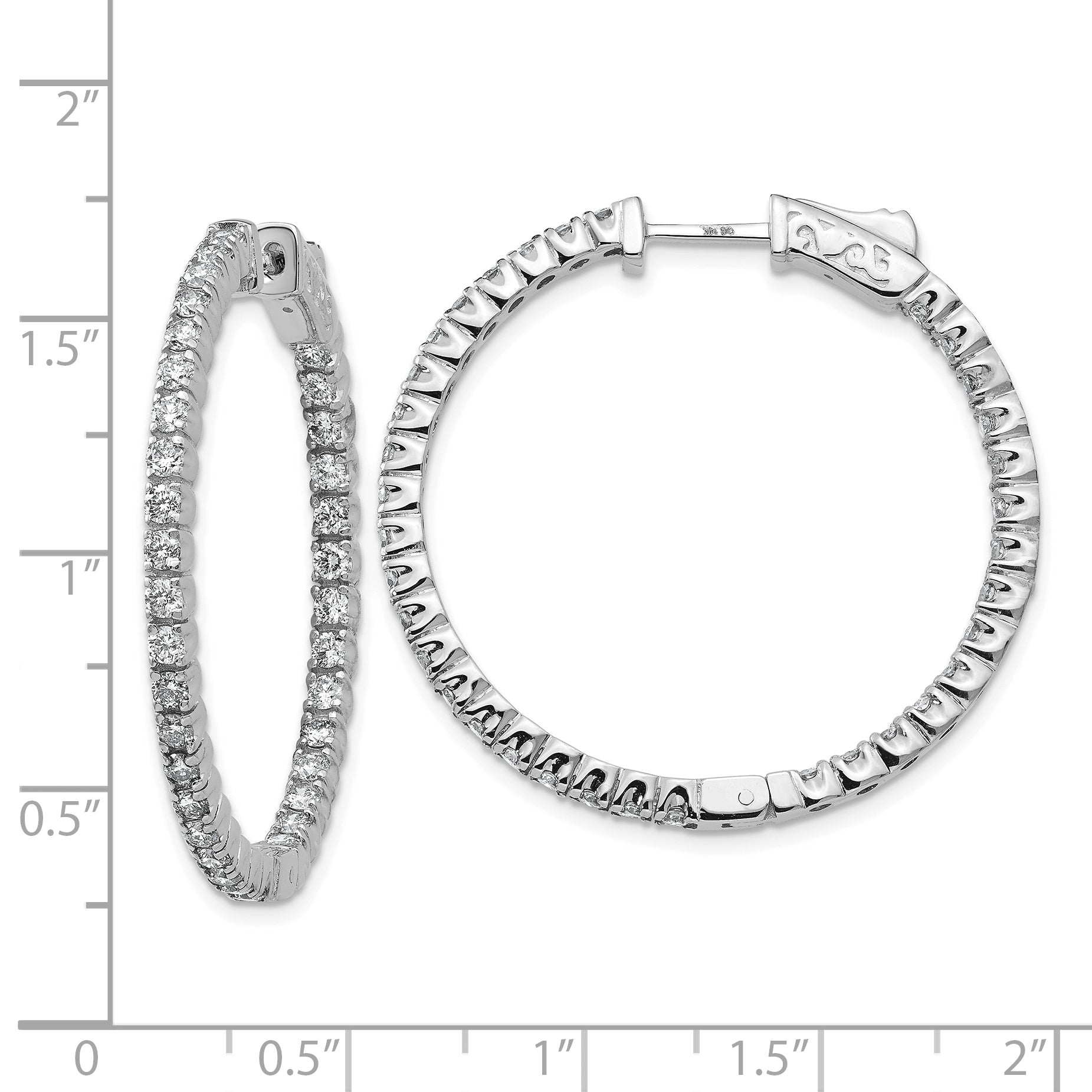 14k White Gold Diamond Round Hoop w/Safety Clasp Earrings