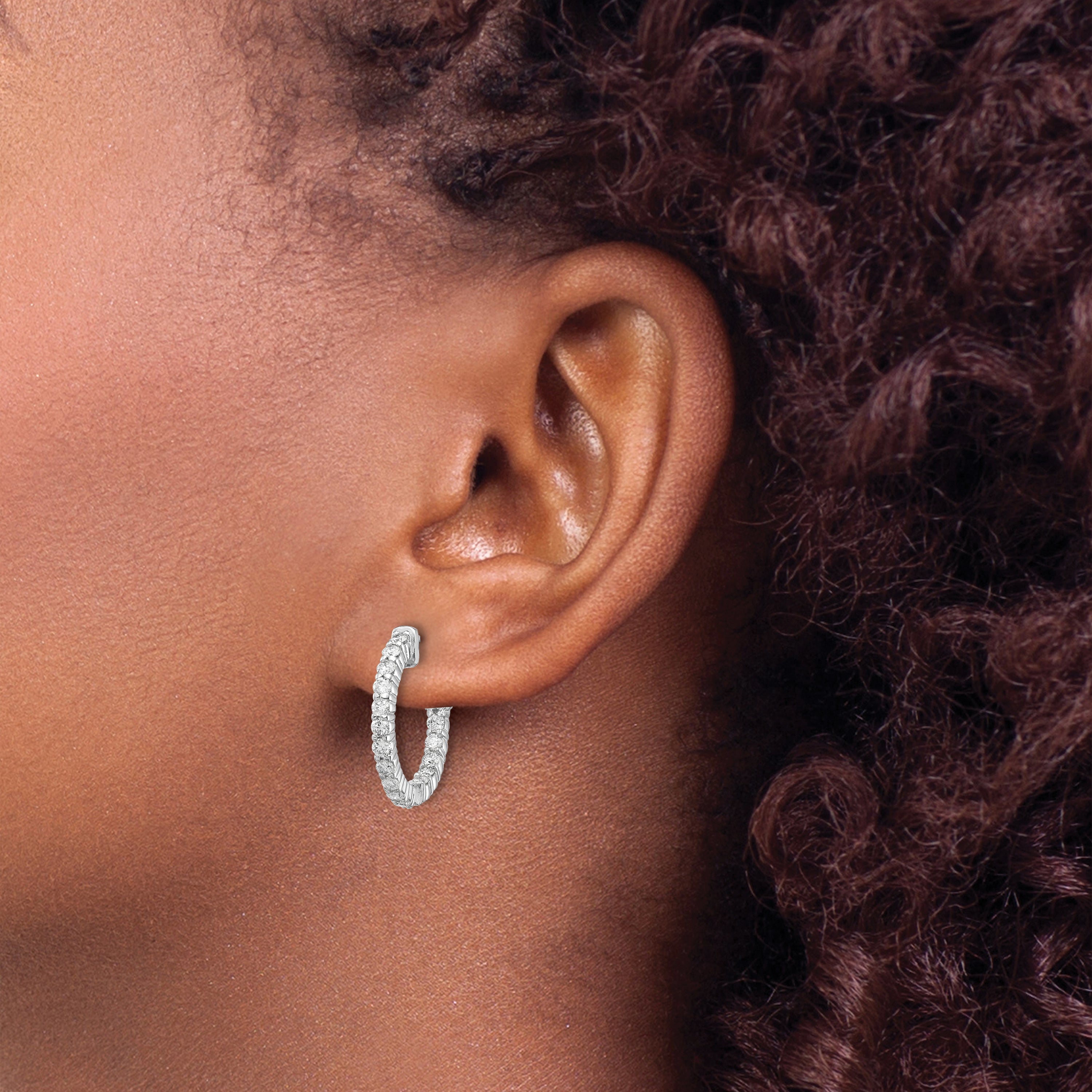 14k White Gold Diamond Round Hoop w/Safety Clasp Earrings