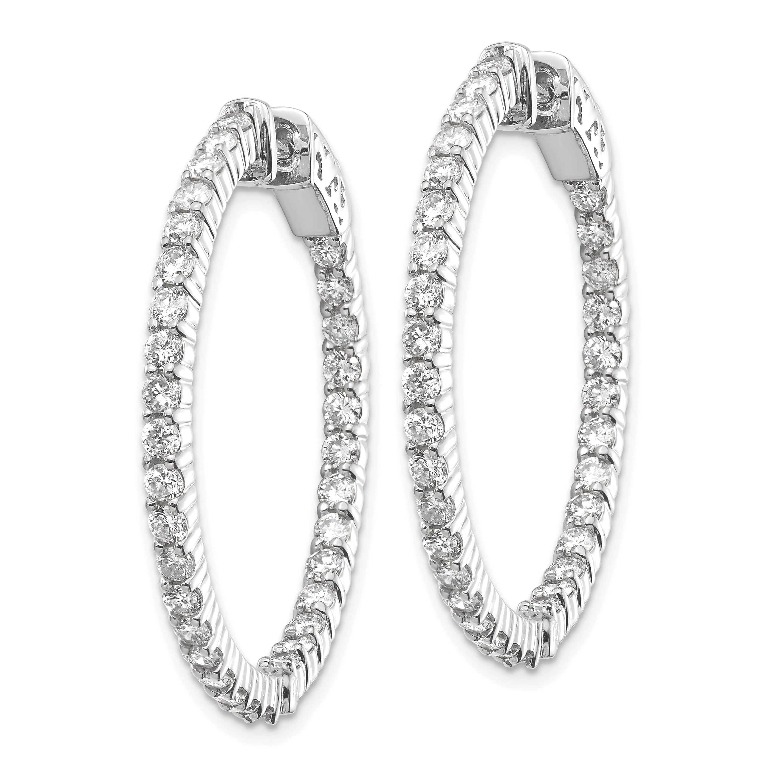 14k White Gold Diamond Round Hoop w/Safety Clasp Earrings