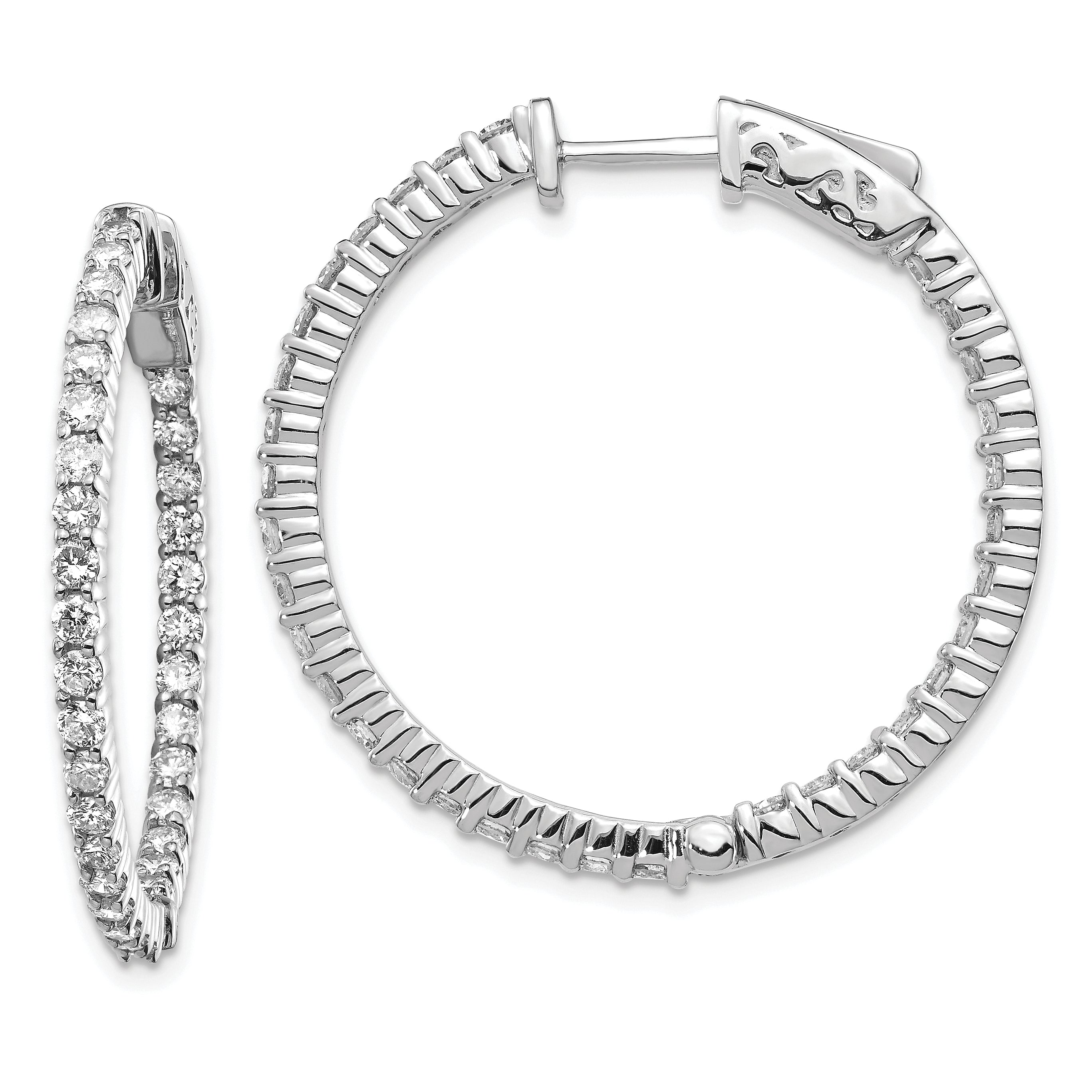 14k White Gold Diamond Round Hoop w/Safety Clasp Earrings Main image
