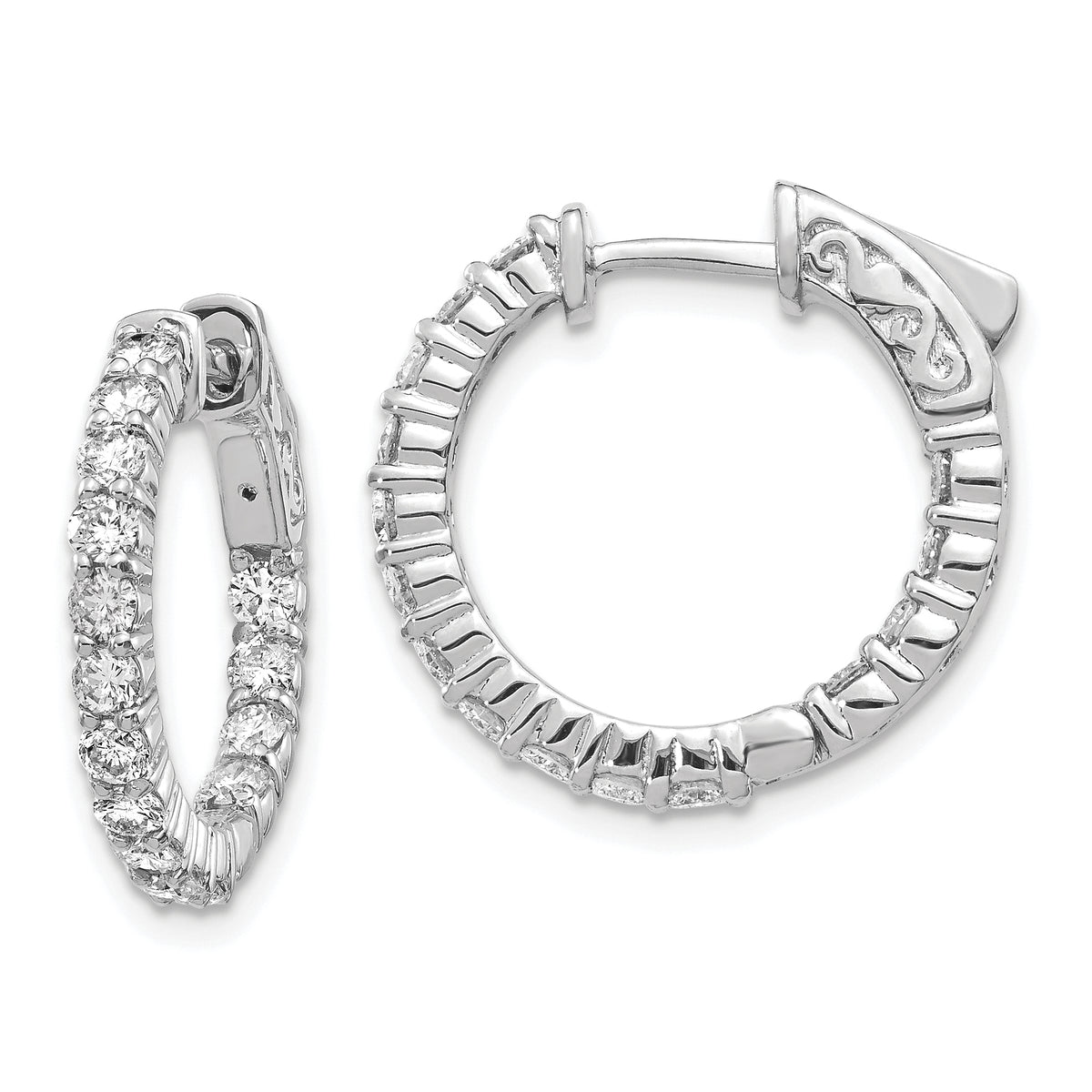 14k White Gold Diamond Round Hoop w/Safety Clasp Earrings