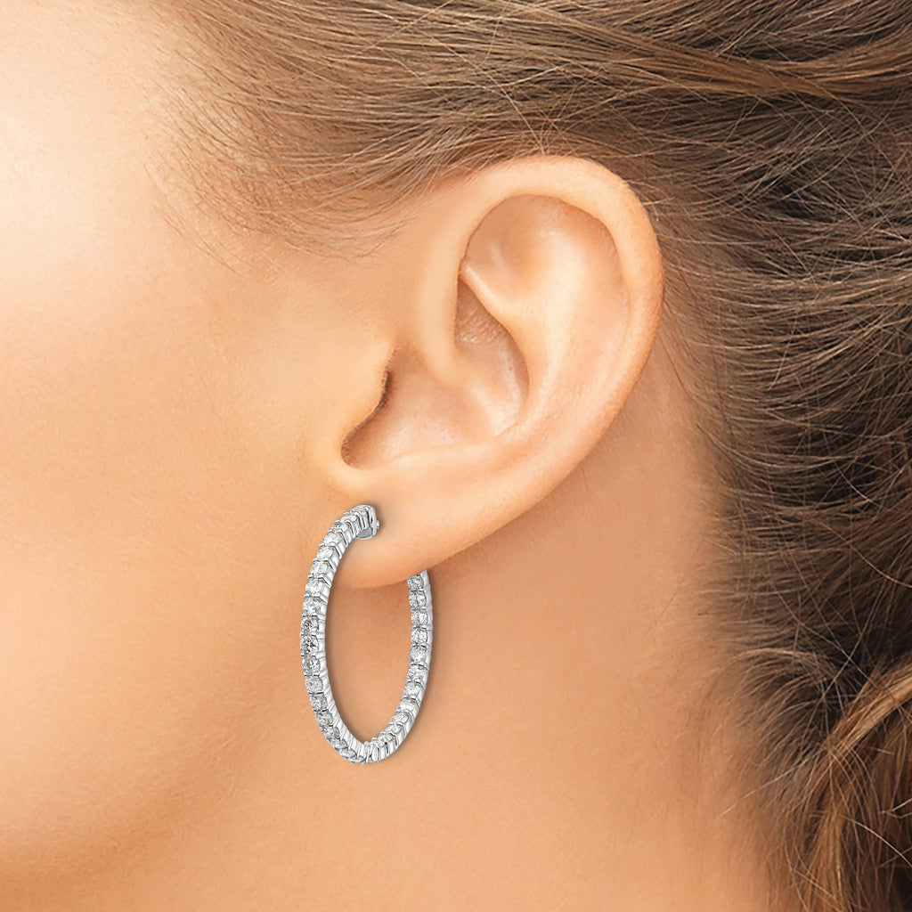 14k White Gold Diamond Round Hoop w/Safety Clasp Earrings
