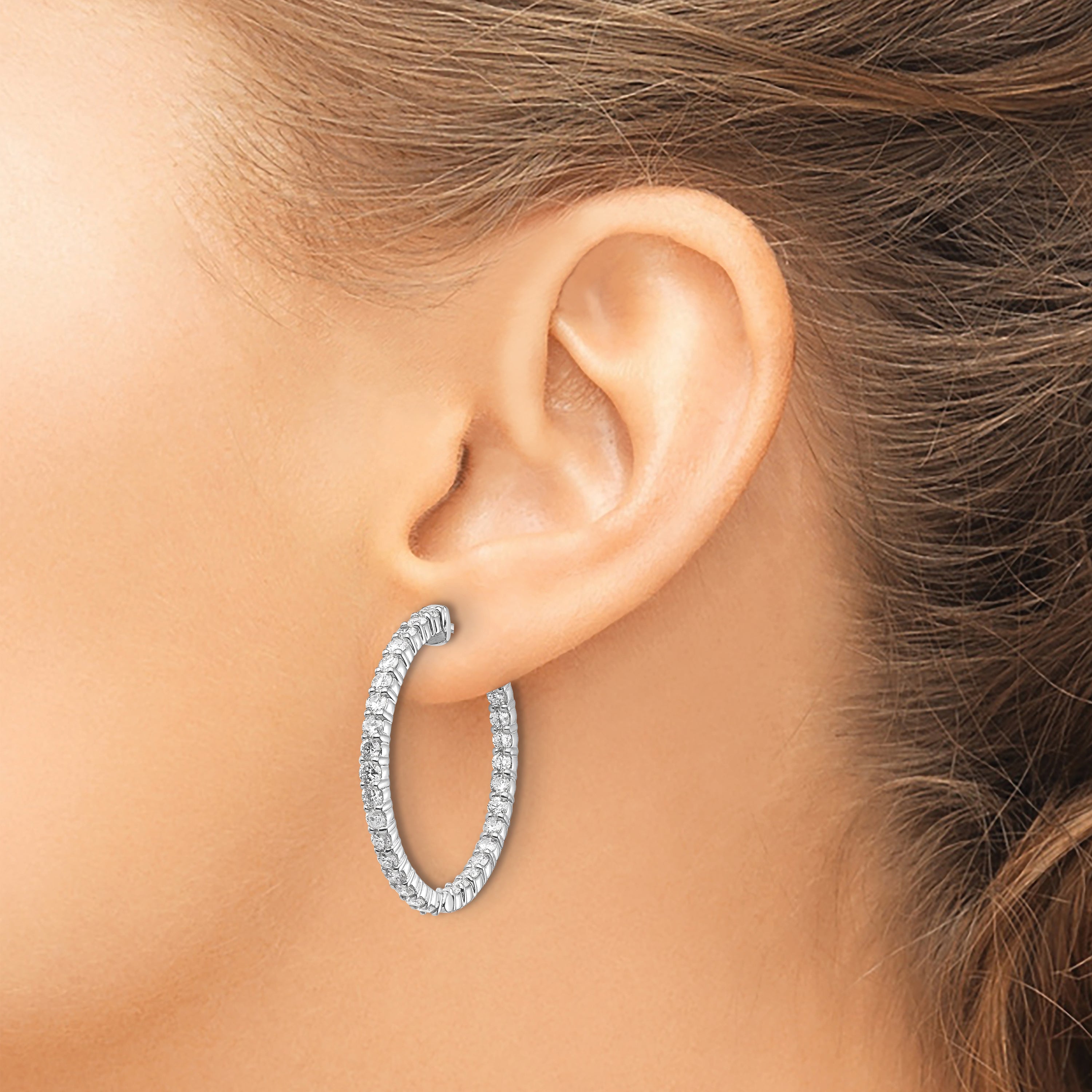 14k White Gold Diamond Round Hoop w/Safety Clasp Earrings