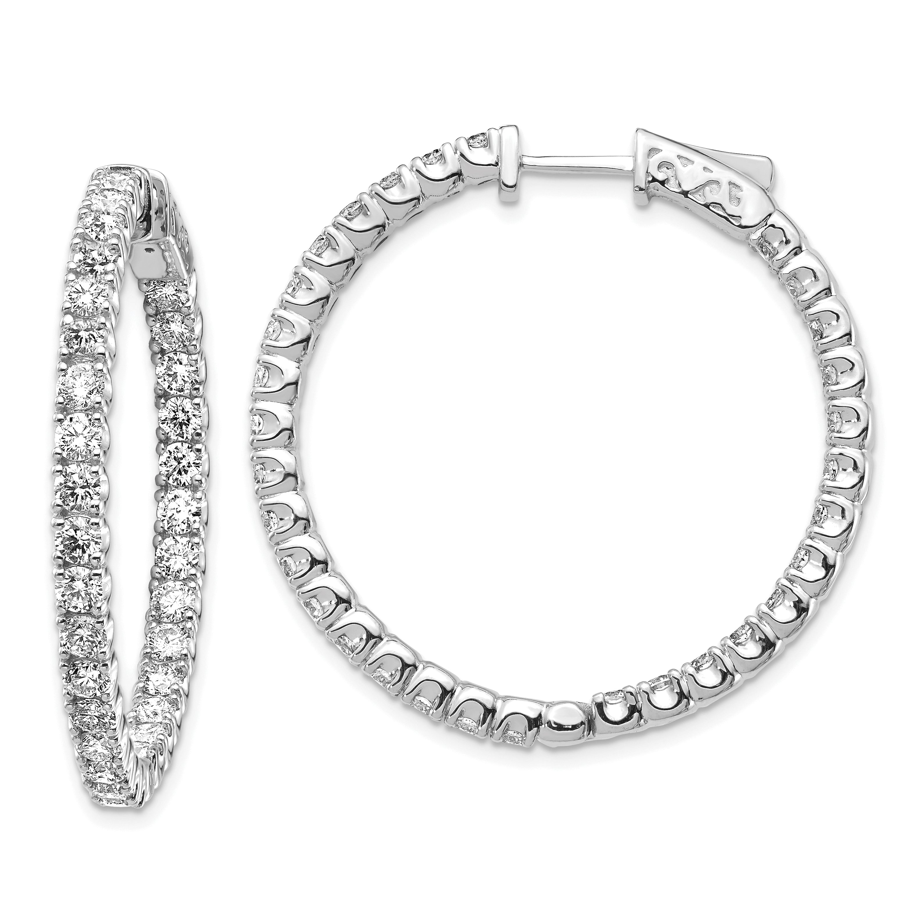 14k White Gold Diamond Round Hoop w/Safety Clasp Earrings