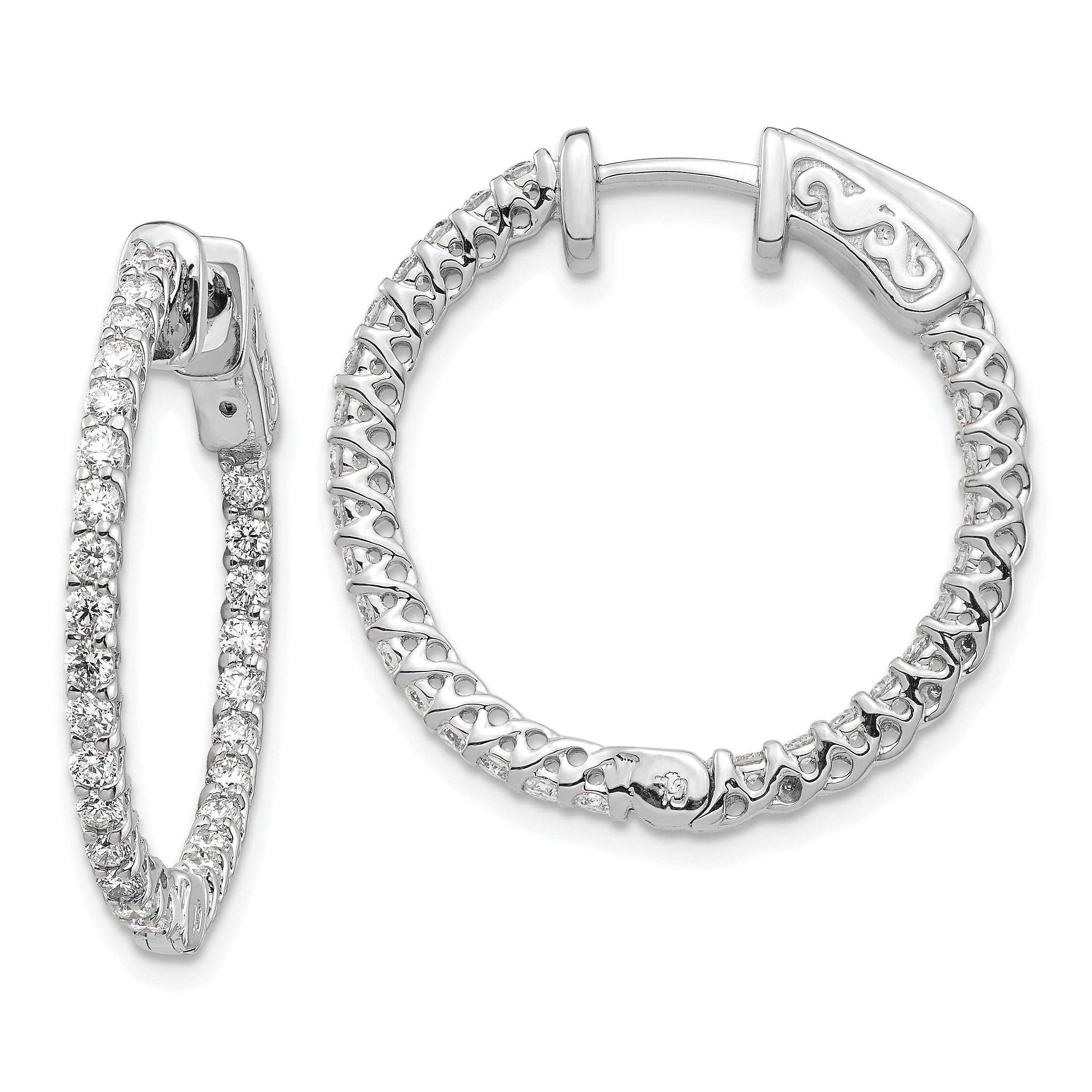 14k White Gold Diamond Round Hoop w/Safety Clasp Earrings Main image