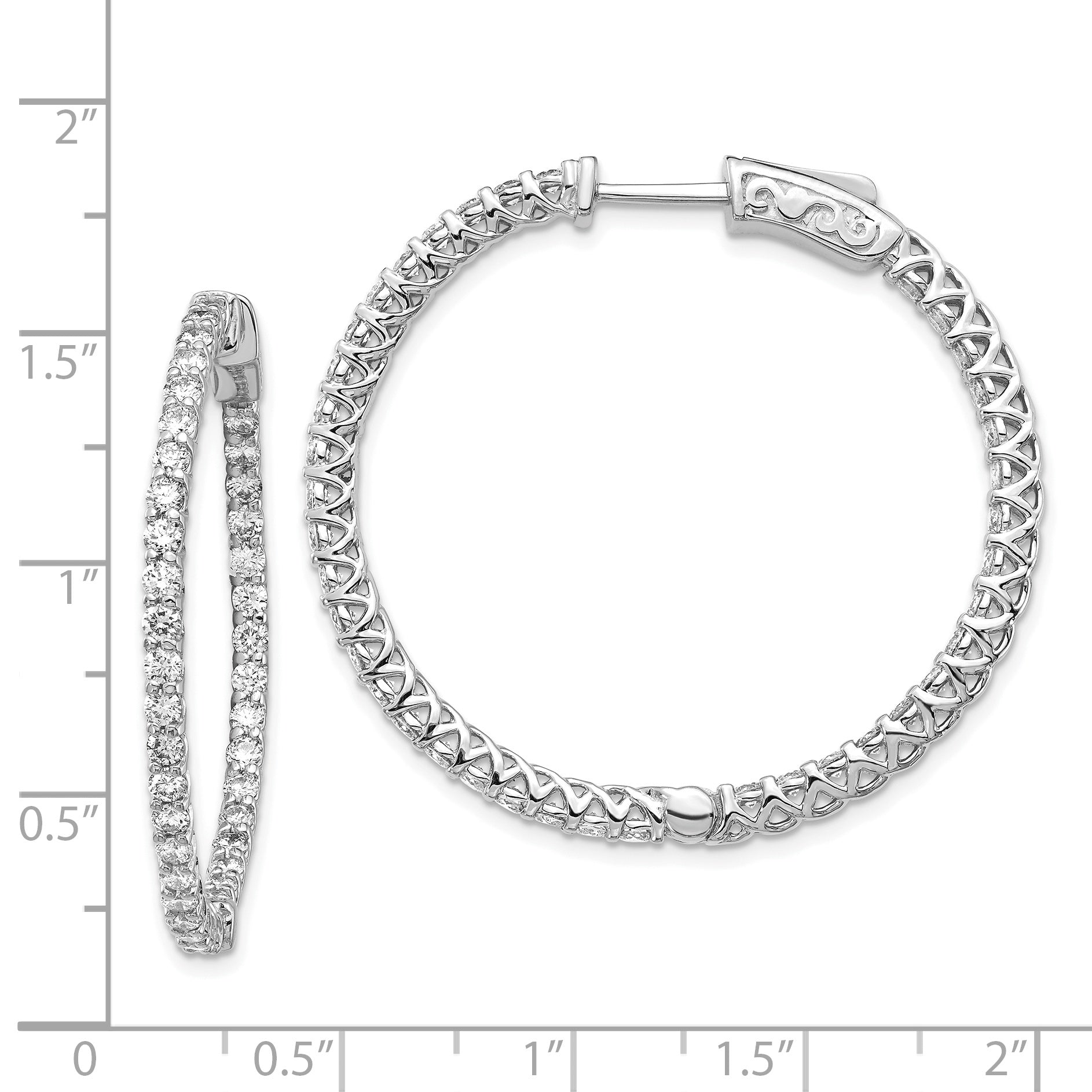 14k White Gold Diamond Round Hoop w/Safety Clasp Earrings Secondary image