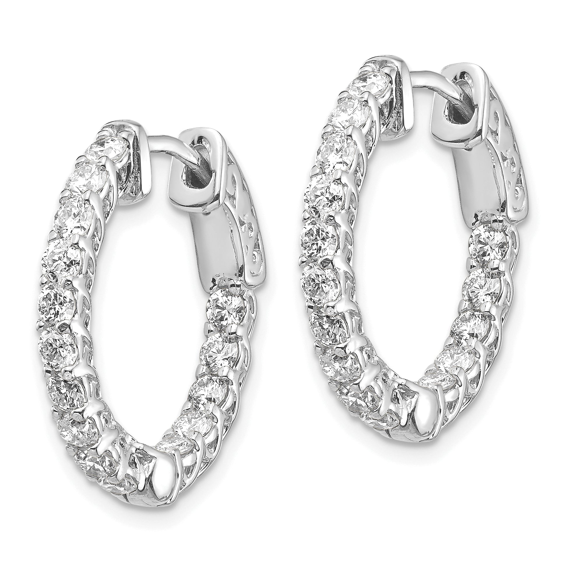 14k White Gold Diamond Round Hoop w/Safety Clasp Earrings Secondary image