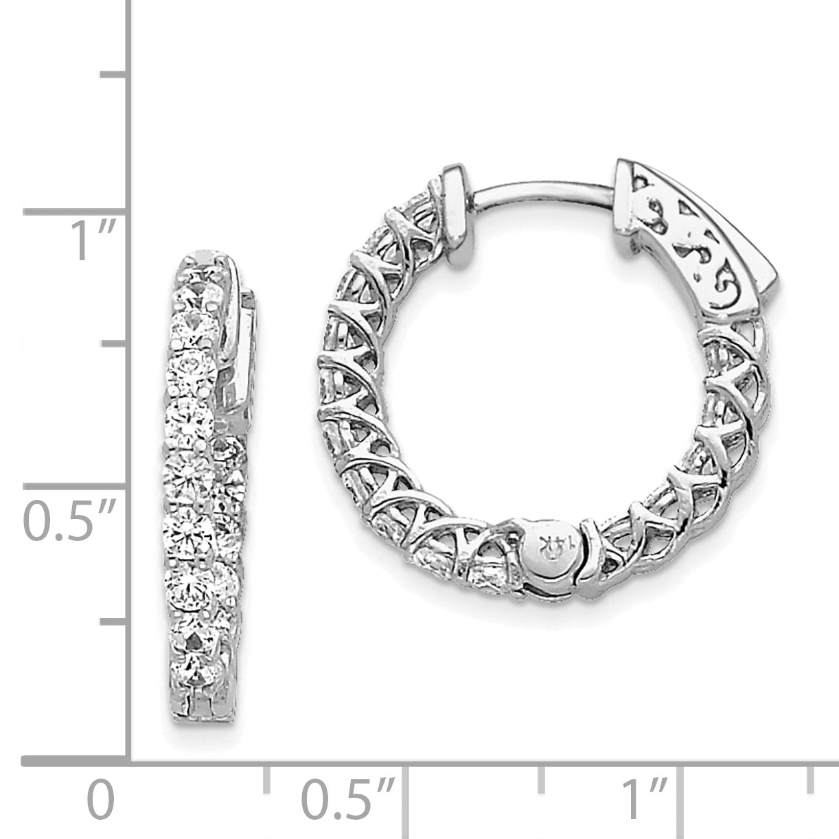 14k White Gold Diamond Round Hoop w/Safety Clasp Earrings