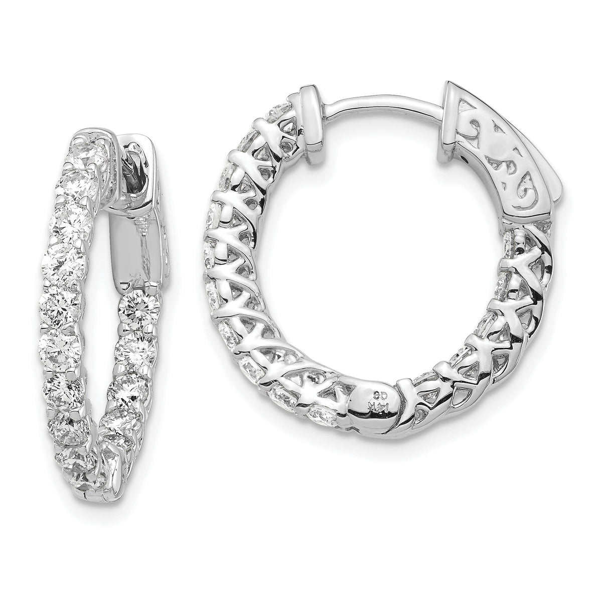 14k White Gold Diamond Round Hoop w/Safety Clasp Earrings