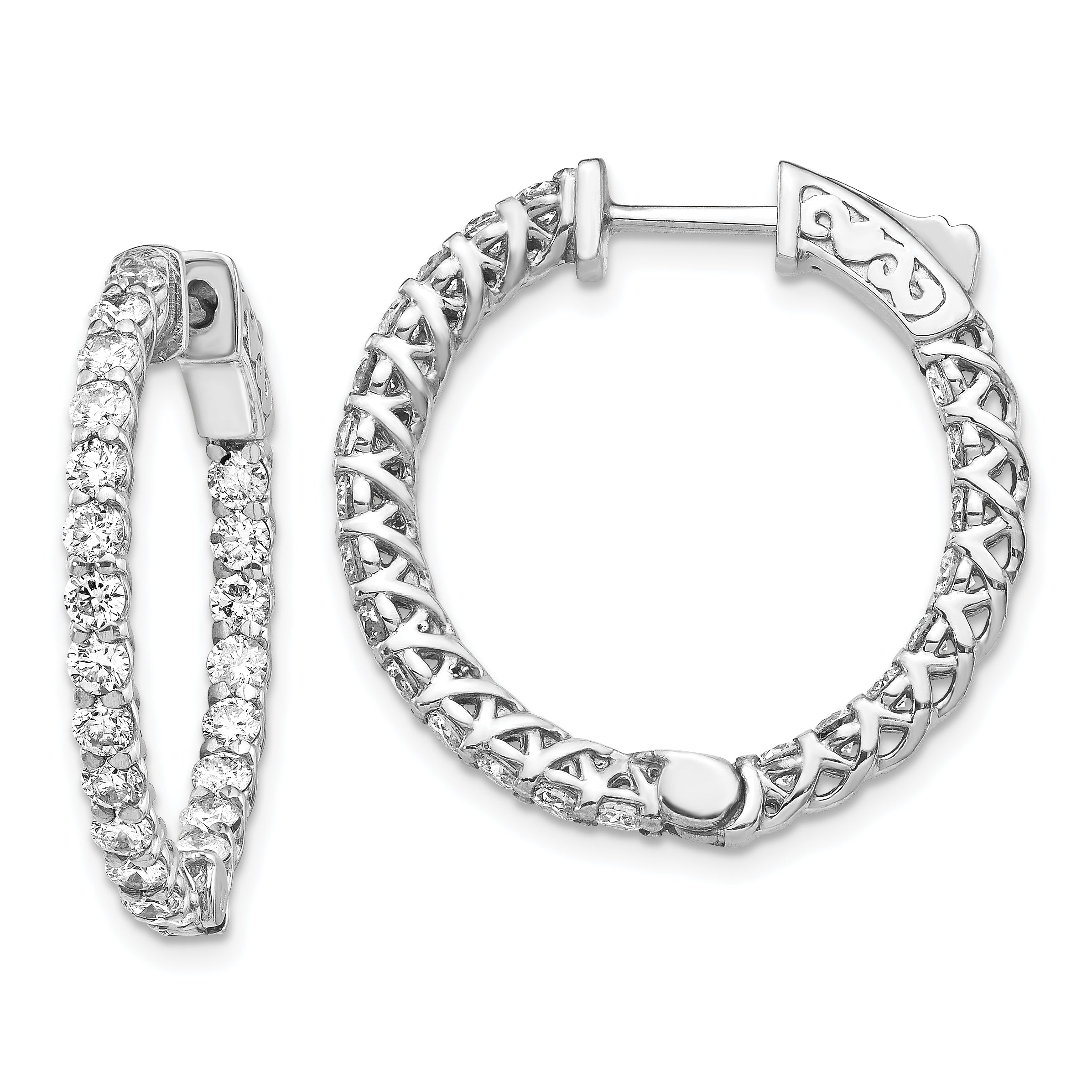 14k White Gold Diamond Round Hoop w/Safety Clasp Earrings Main image