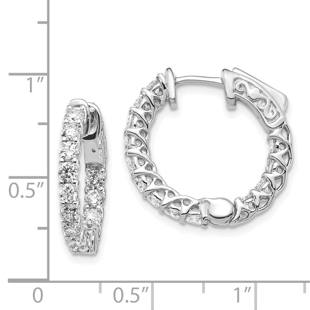 14k White Gold Diamond Round Hoop w/Safety Clasp Earrings Secondary image