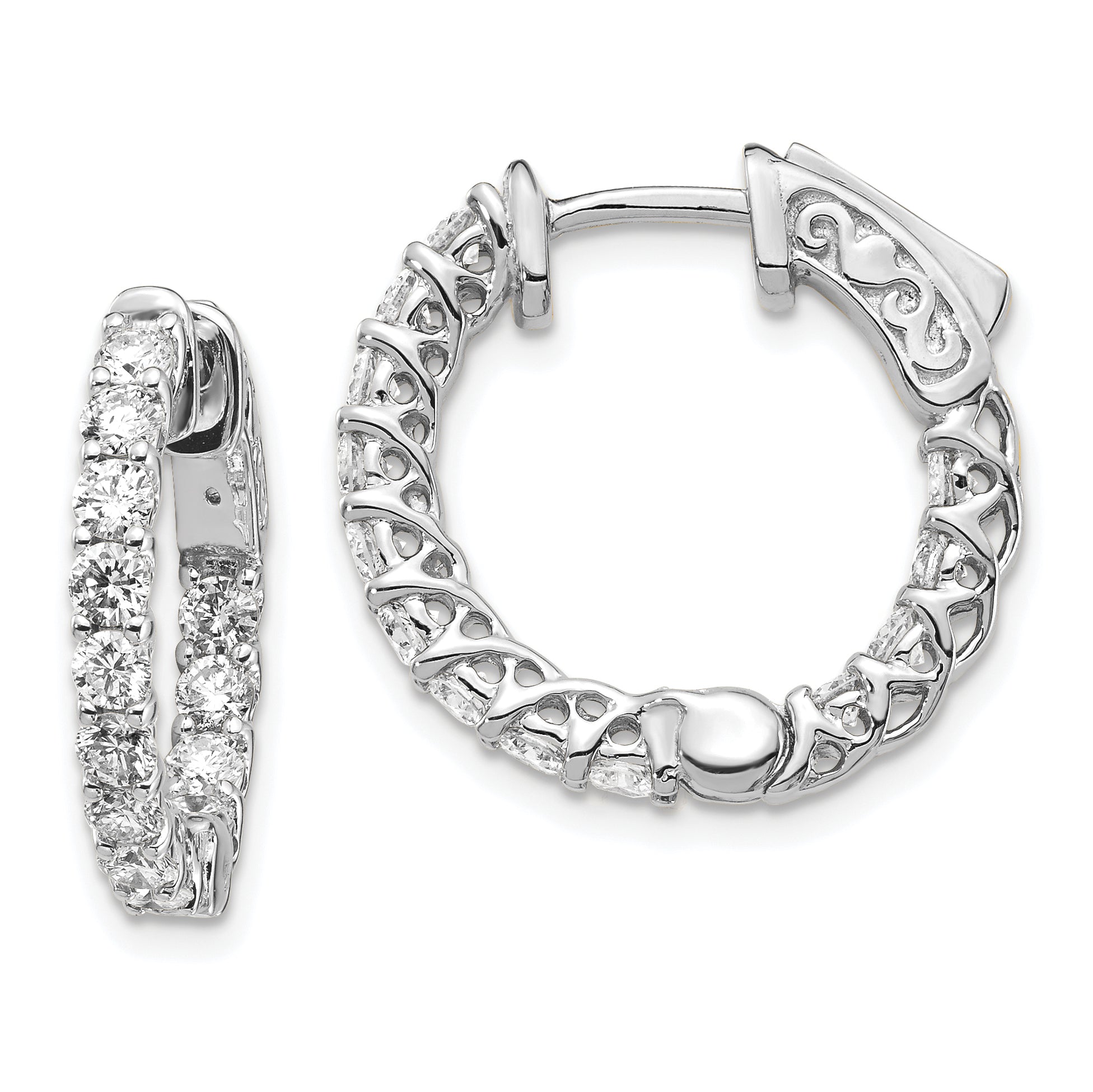 14k White Gold Diamond Round Hoop w/Safety Clasp Earrings Main image