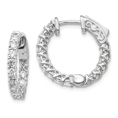 14k White Gold Diamond Round Hoop w/Safety Clasp Earrings