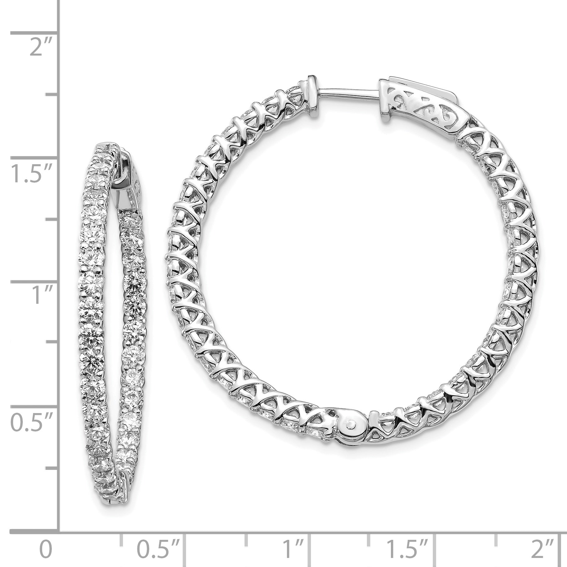 14k White Gold Diamond Round Hoop w/Safety Clasp Earrings