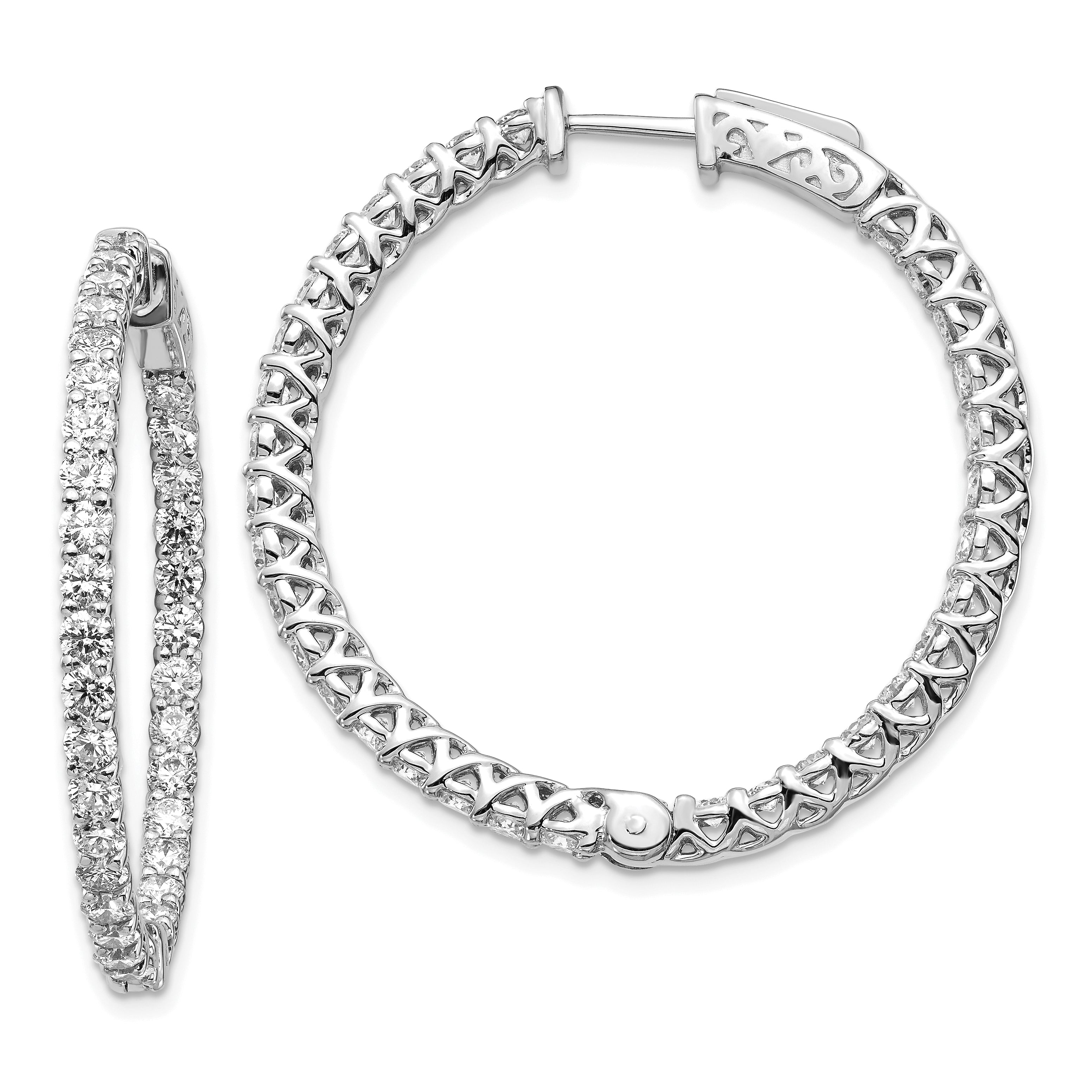 14k White Gold Diamond Round Hoop w/Safety Clasp Earrings