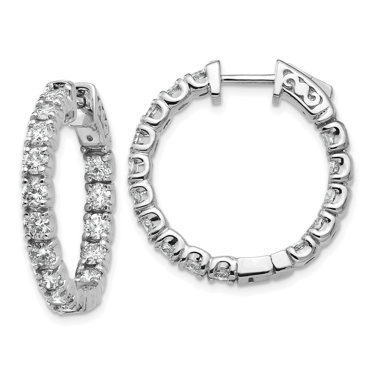 14k White Gold Diamond Round Hoop w/Safety Clasp Earrings