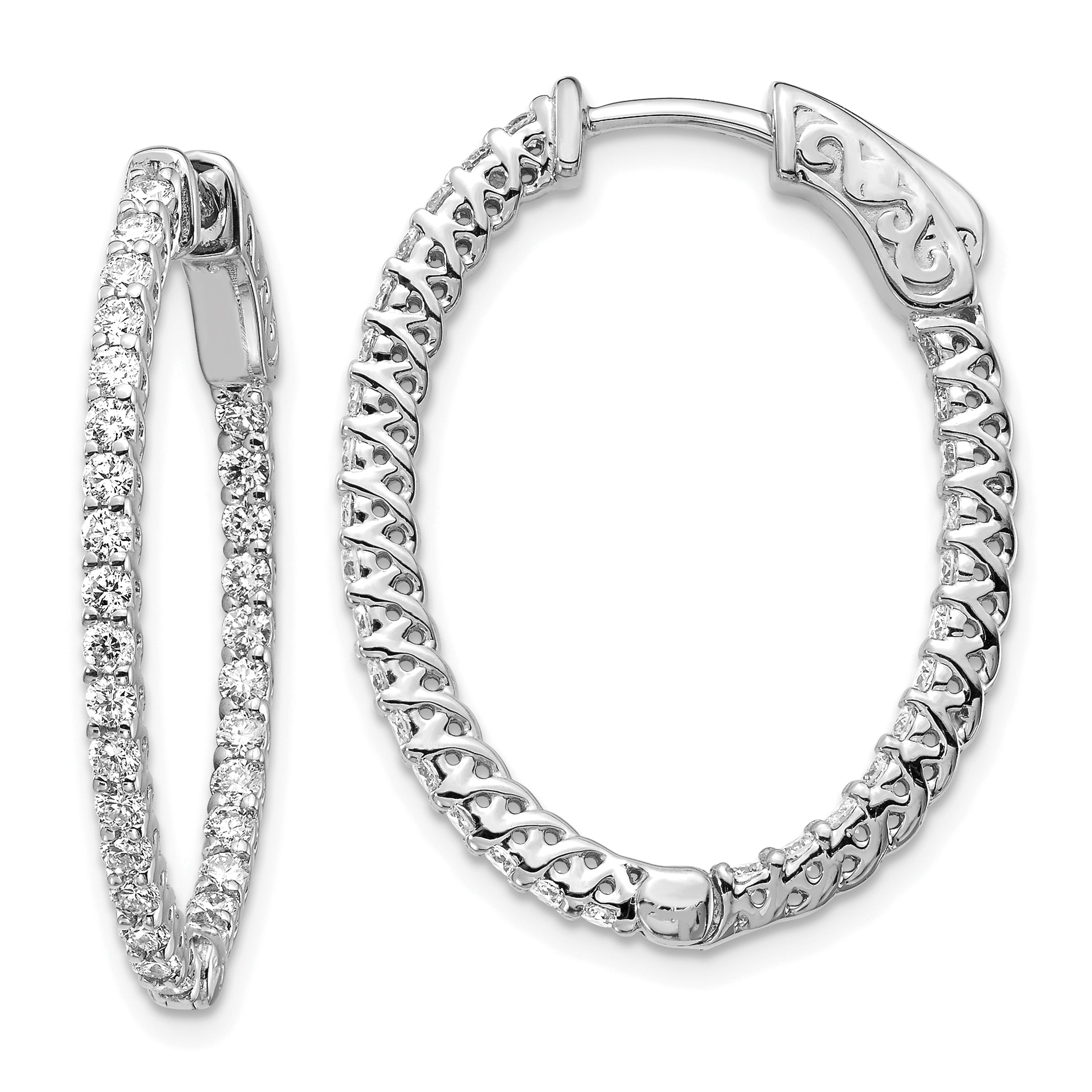 14k White Gold Diamond Oval Hoop w/Safety Clasp Earrings Main image