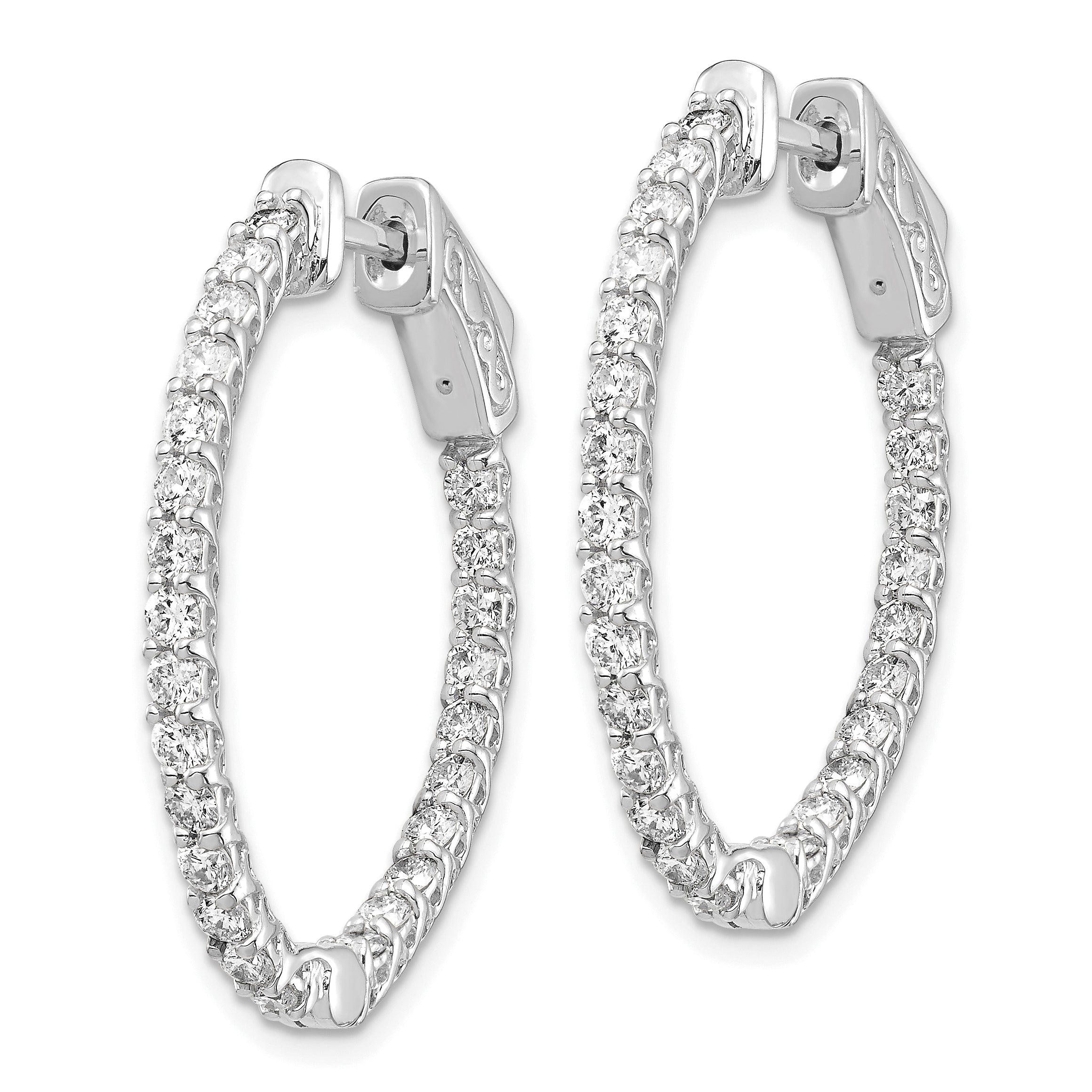 14k White Gold Diamond Oval Hoop w/Safety Clasp Earrings