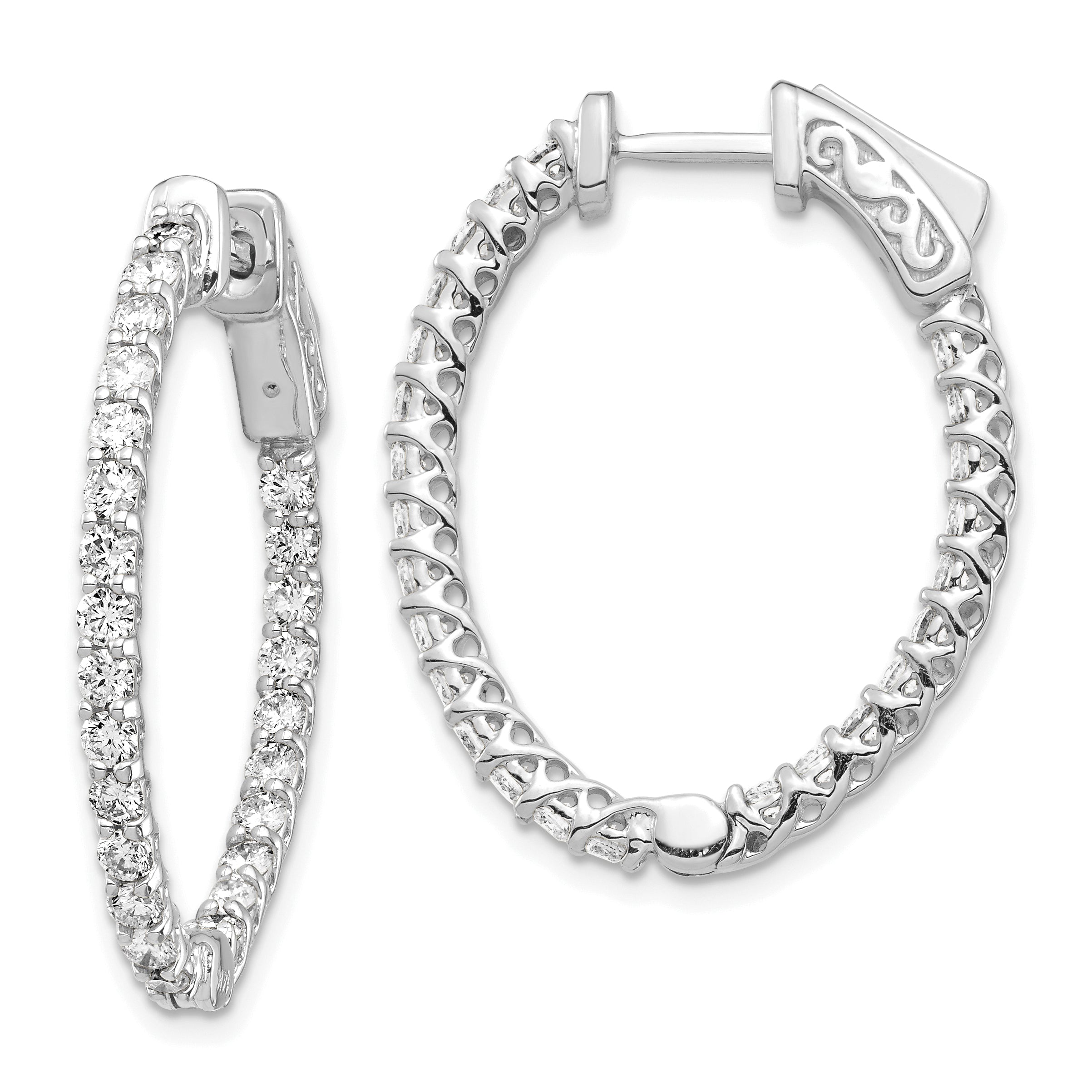 14k White Gold Diamond Oval Hoop w/Safety Clasp Earrings Main image