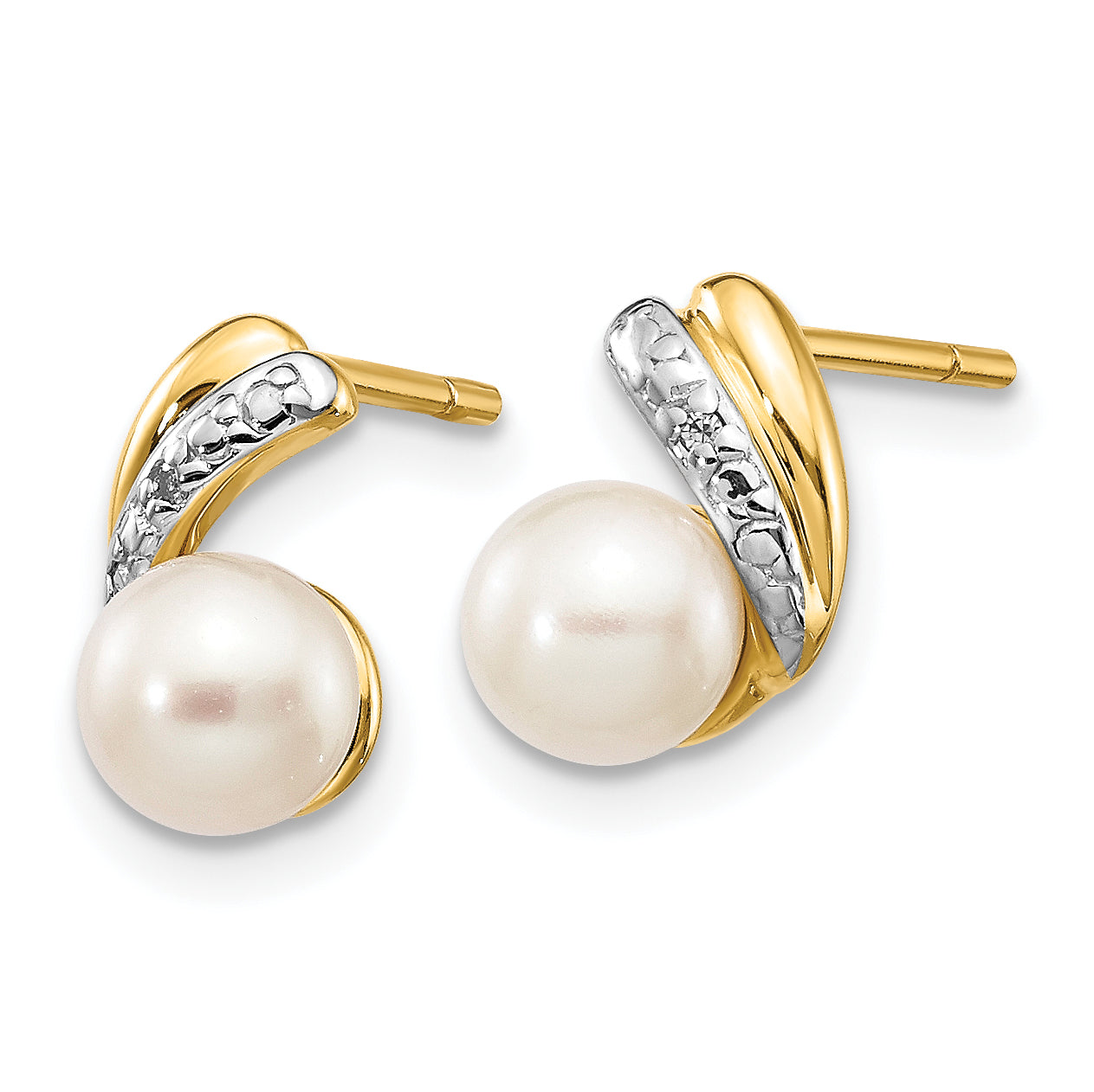 14k 5-6mm White Round FWC Pearl .01ct Diamond Post Earrings Secondary image