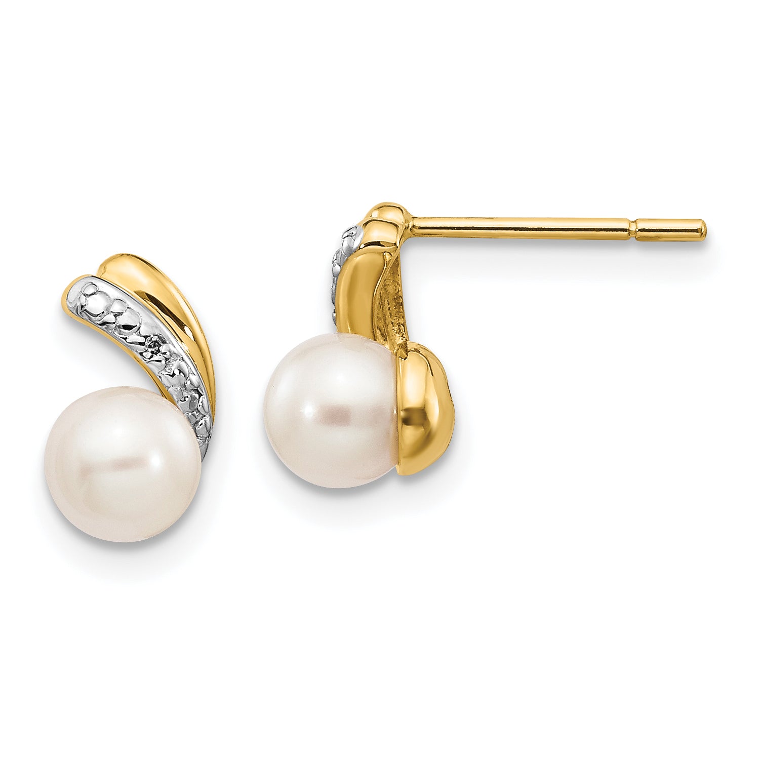 14k 5-6mm White Round FWC Pearl .01ct Diamond Post Earrings Main image