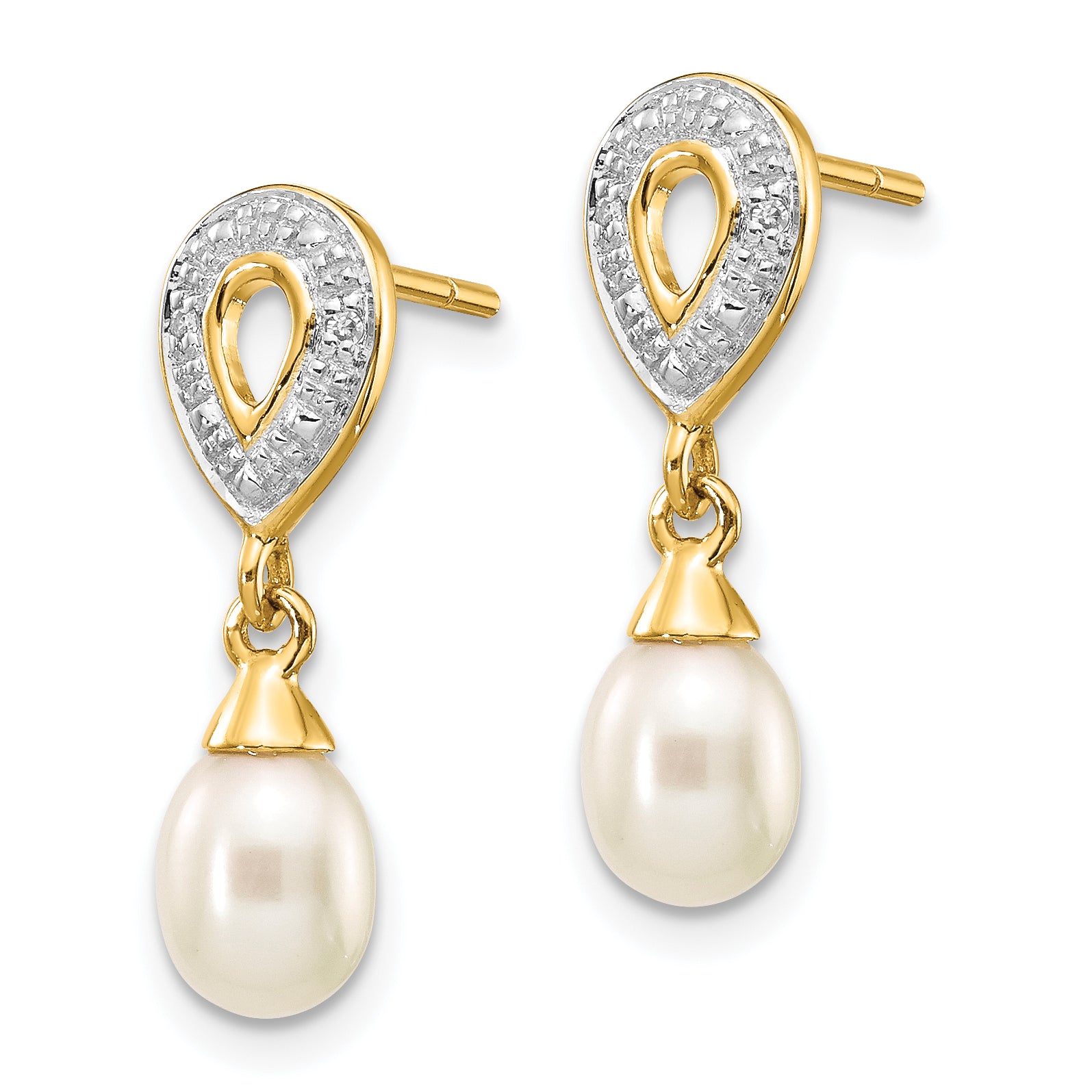 14k 7x5mm White Teardrop FWC Pearl .01ct Diamond Dangle Earrings Secondary image