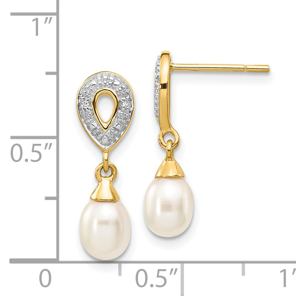 14k 7x5mm White Teardrop FWC Pearl .01ct Diamond Dangle Earrings