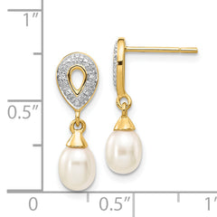 14k 7x5mm White Teardrop FWC Pearl .01ct Diamond Dangle Earrings