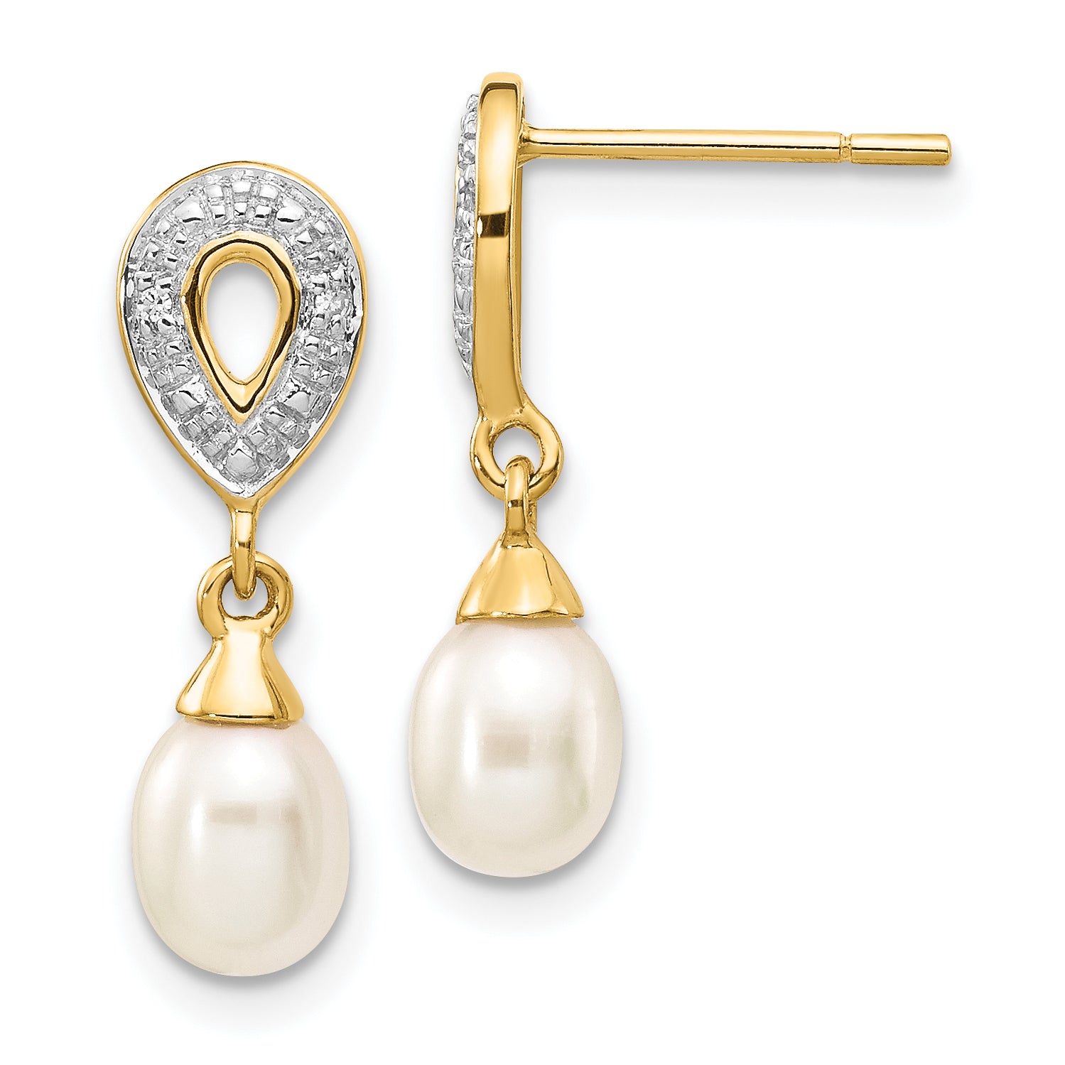 14k 7x5mm White Teardrop FWC Pearl .01ct Diamond Dangle Earrings Main image