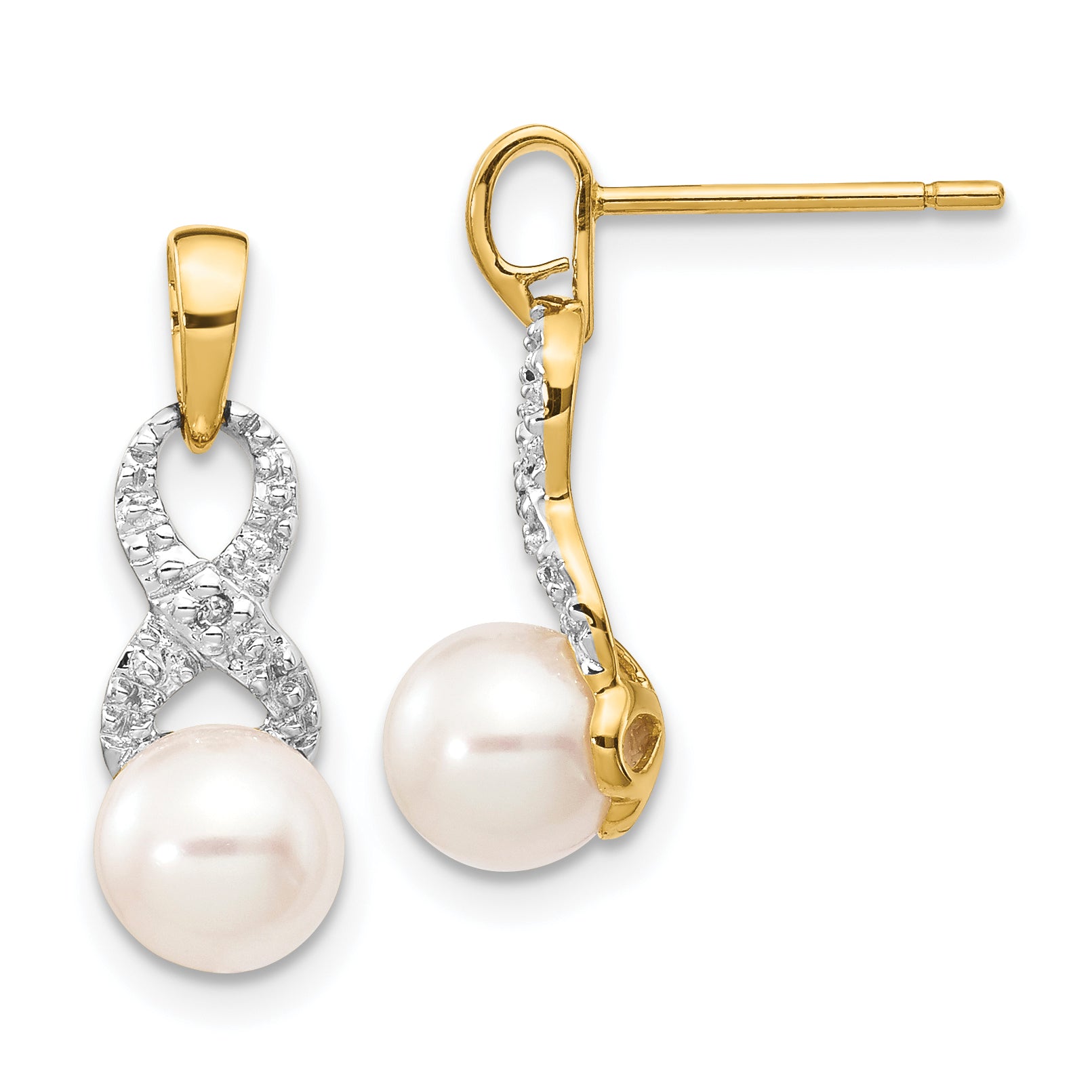 14k 6-7mm White Round FWC Pearl .01 Diamond Dangle Earrings