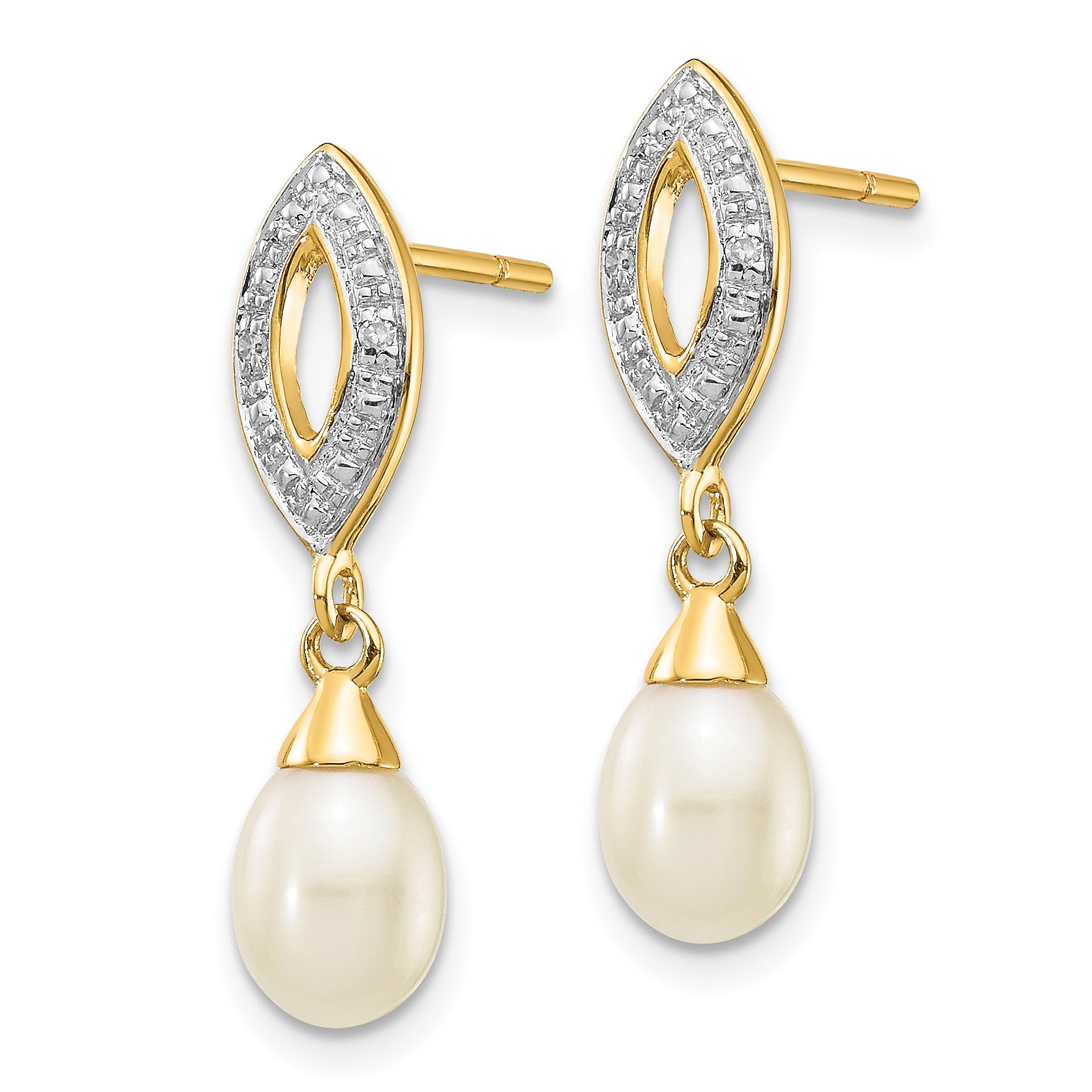 14k 7x5mm White Teardrop FWC Pearl .01ct Diamond Dangle Earrings