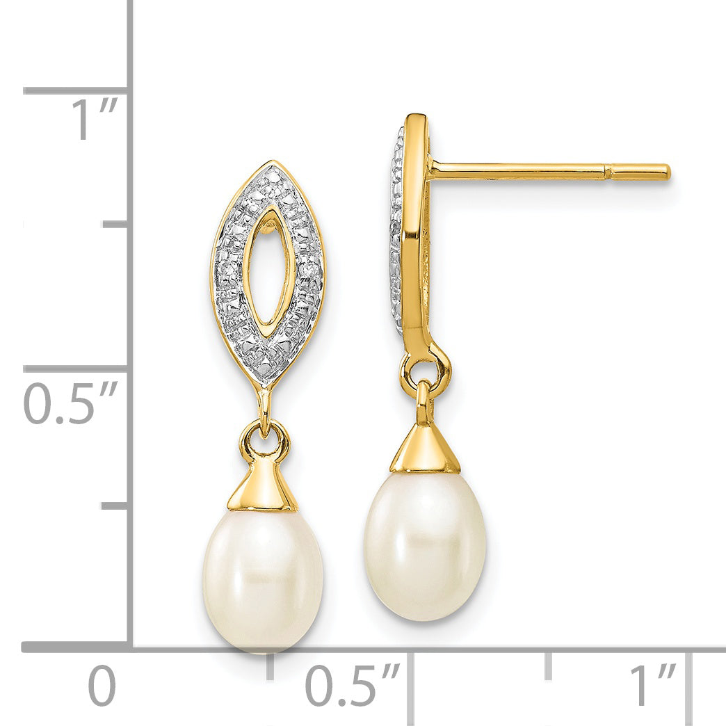 14k 7x5mm White Teardrop FWC Pearl .01ct Diamond Dangle Earrings